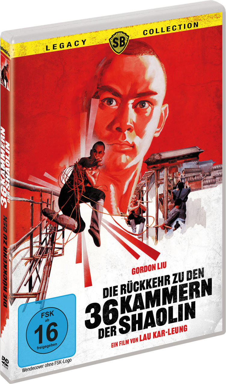 Filmplakat: Männer in Kung-Fu-Pose vor Porträt, Titel "36 Kammern der Shaolin".