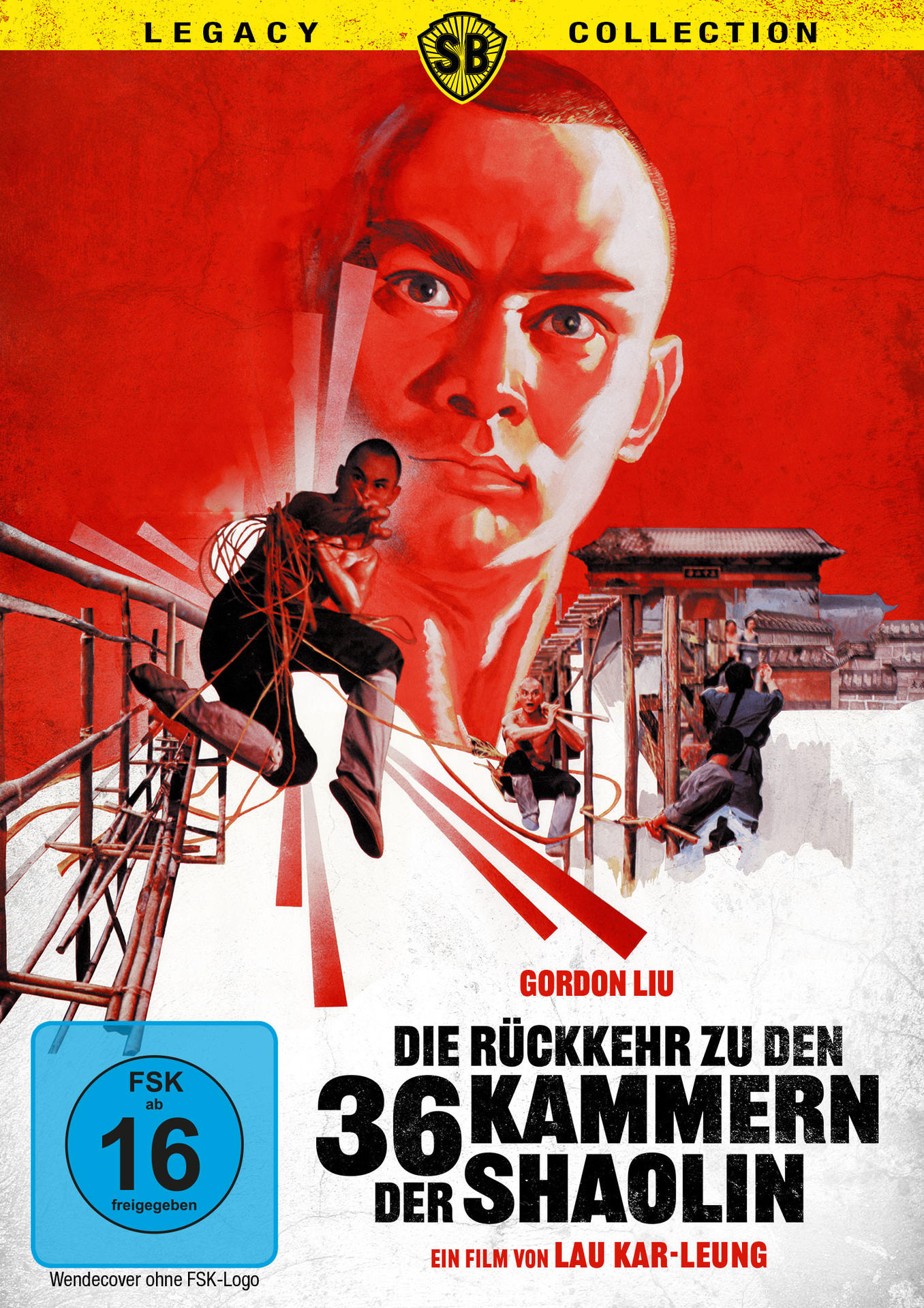 Filmplakat mit Kämpfern vor Shaolin-Gebäuden und einem Porträt.