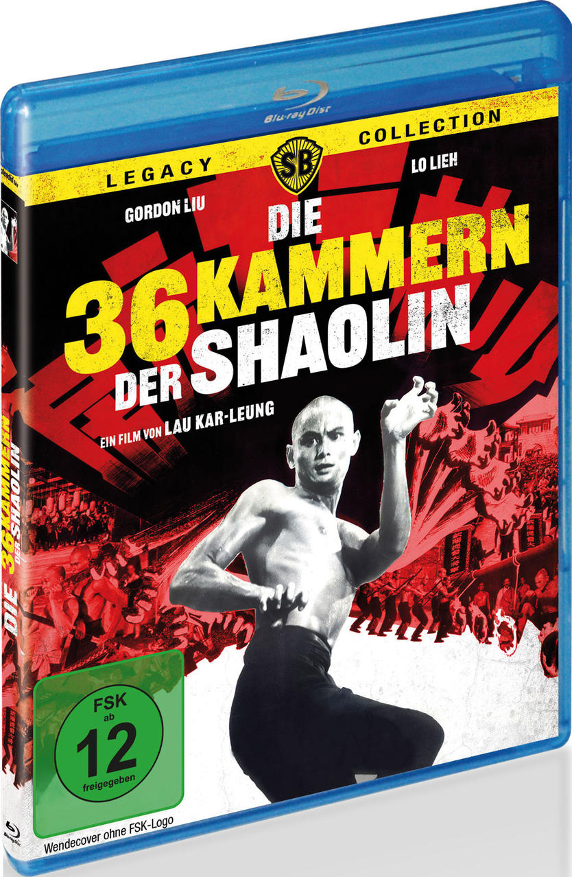 Filmcover. Ein Mann in schwarzer Hose posiert. Titel: Die 36 Kammern der Shaolin. Roter und gelber Text. Blu-ray Disc.