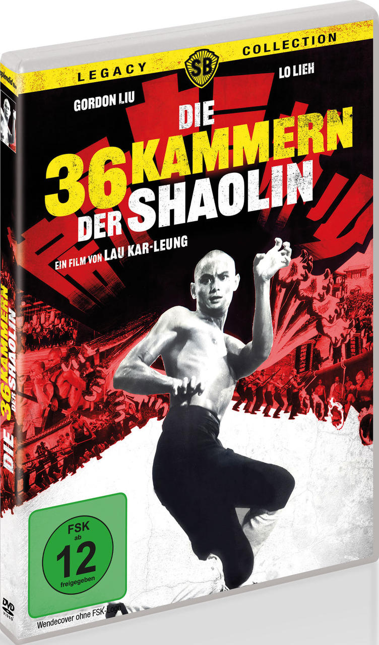 DVD-Cover: Glatzköpfiger Mann in Kampfkunstpose, Titel 'Die 36 Kammern der Shaolin'. Roter Hintergrund, Namen der Schauspieler, Altersfreigabe.