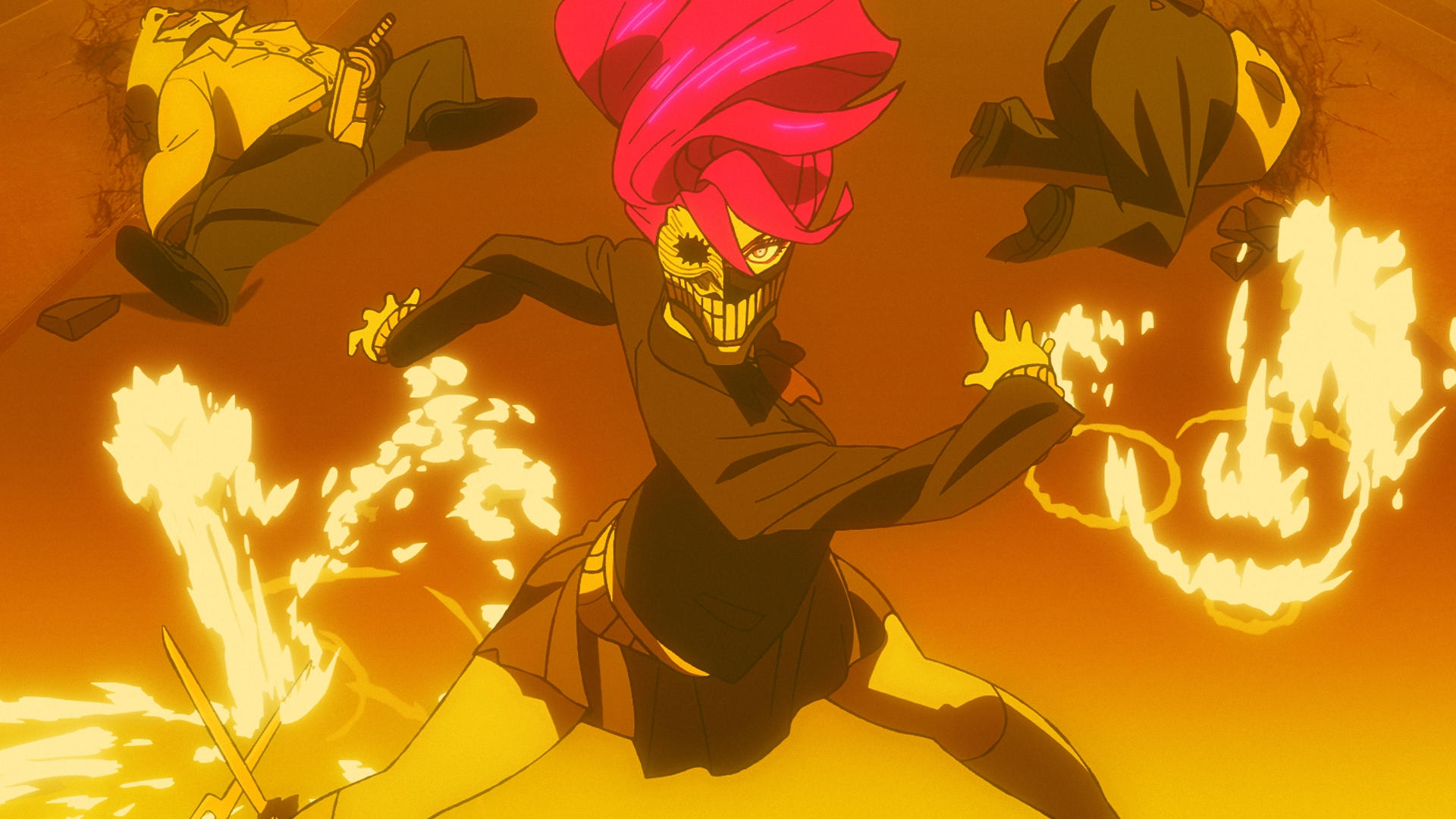 Anime-Figur mit Maske und roten Haaren, die Feuer manipuliert; zwei Personen liegen am Boden.