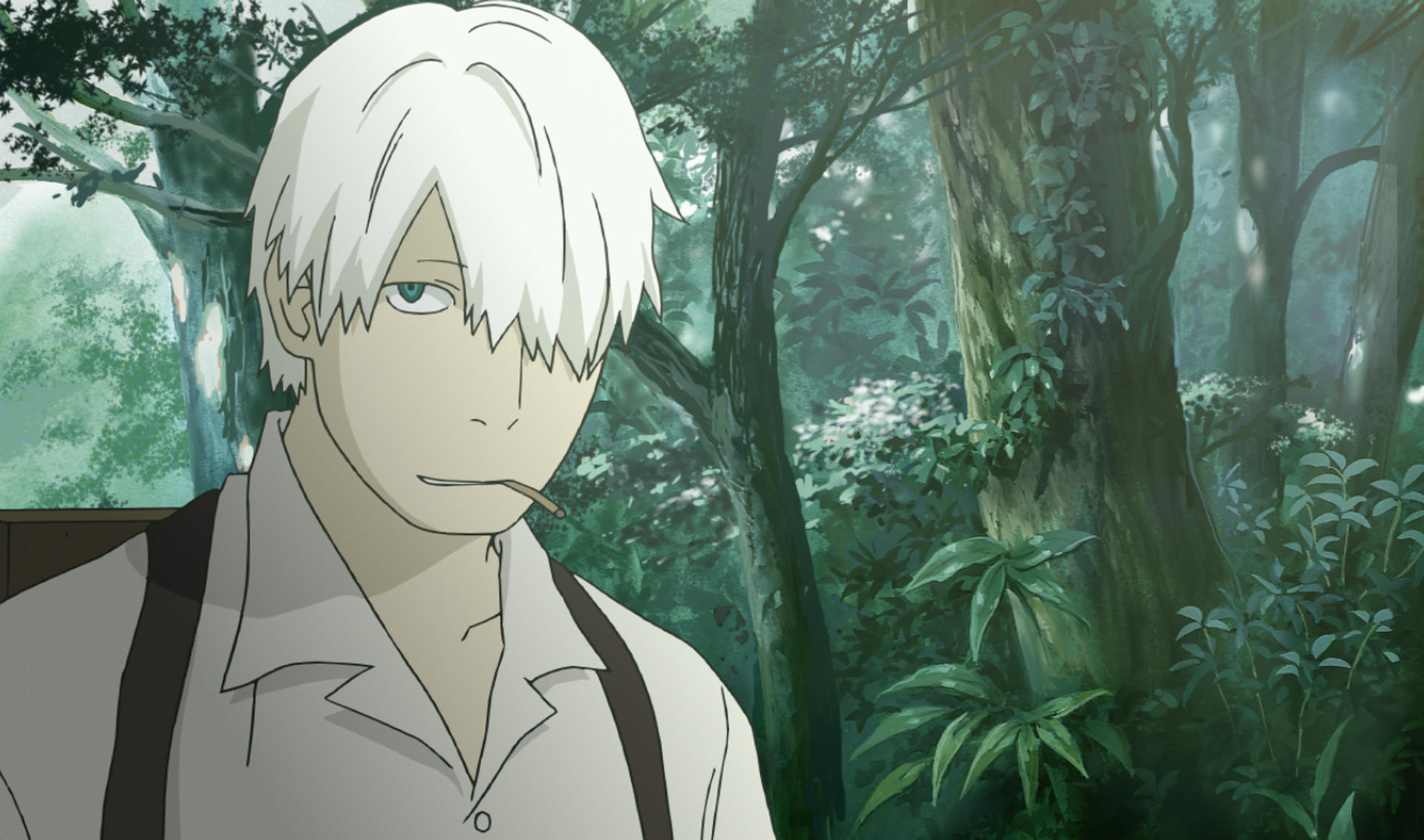 Anime-Charakter mit weißen Haaren, blauen Augen und einem Zahnstocher im Mund.