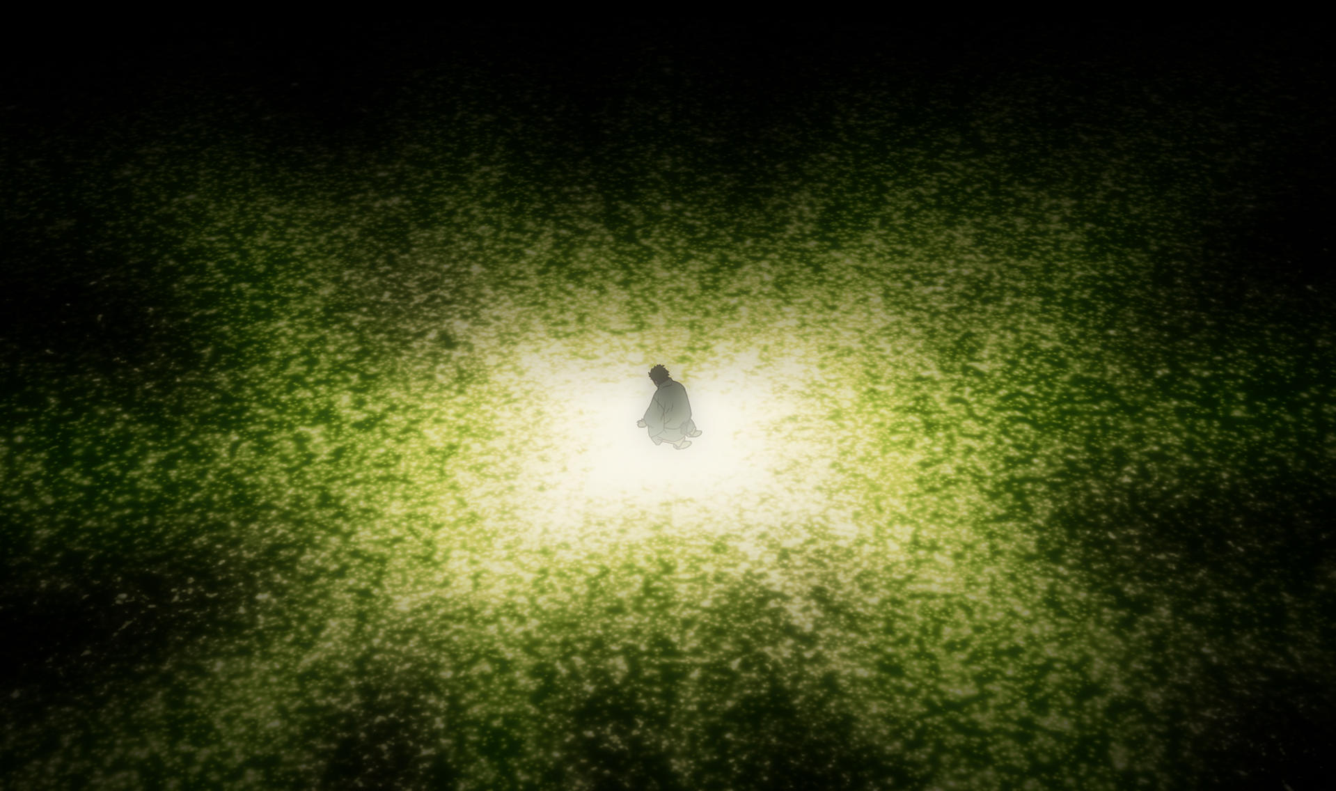 Eine einzelne Figur sitzt in einem hellen Licht auf einem dunklen, grünen Hintergrund.