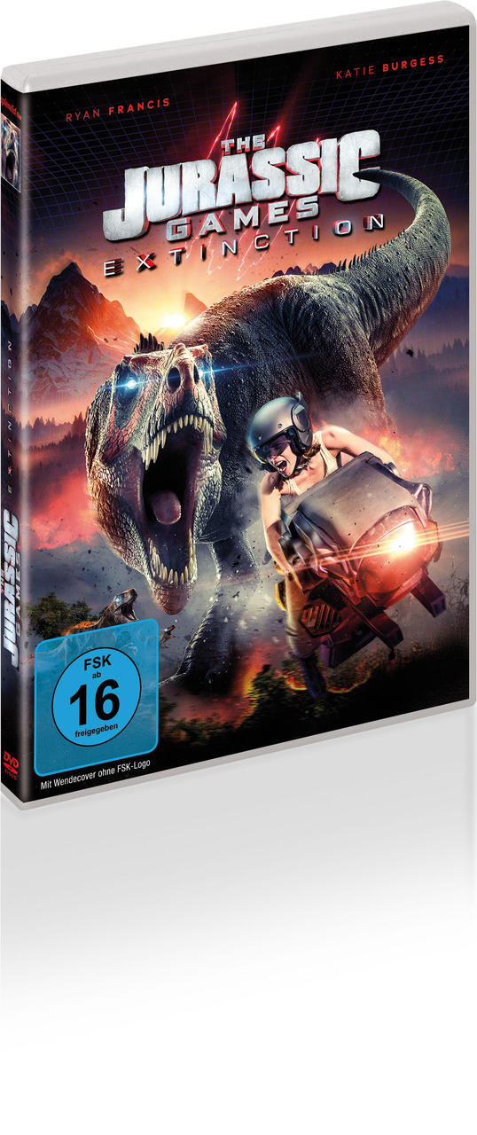DVD-Hülle: Tyrannosaurus Rex jagt eine Frau auf einem Motorrad in bergiger Landschaft.