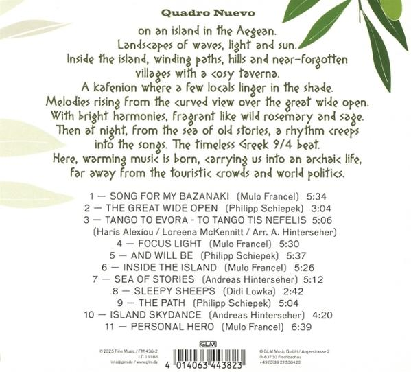 Albumcover mit Songliste und beschreibendem Text über eine Insel.