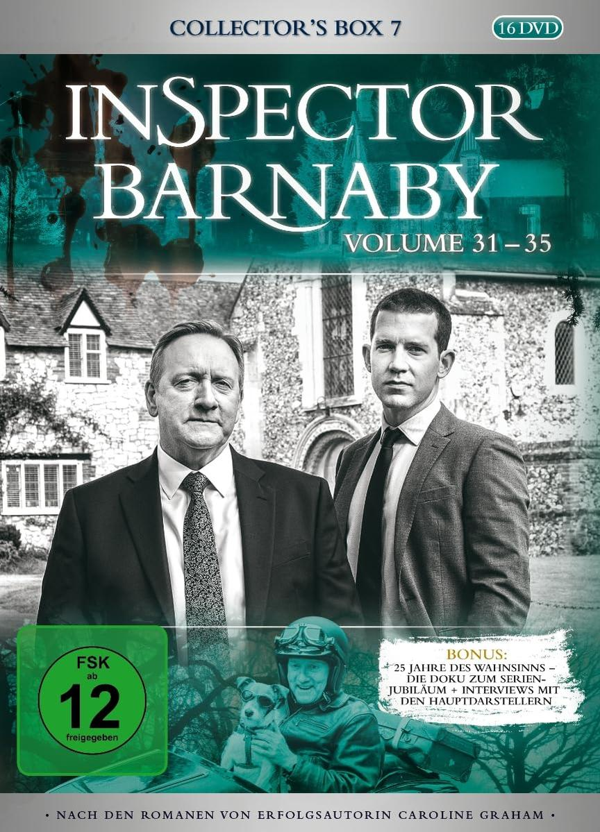 DVD-Cover für Inspector Barnaby, Band 31-35. Zeigt zwei Männer in Anzügen, einen Kirchenhintergrund und einen Bonusabschnitt.