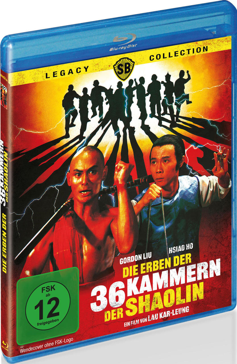 Blu-ray-Disc-Cover für '36th Chamber of Shaolin'. Zeigt zwei Männer mit Waffen, Silhouetten und Text. Intensive Rot- und Gelbtöne.