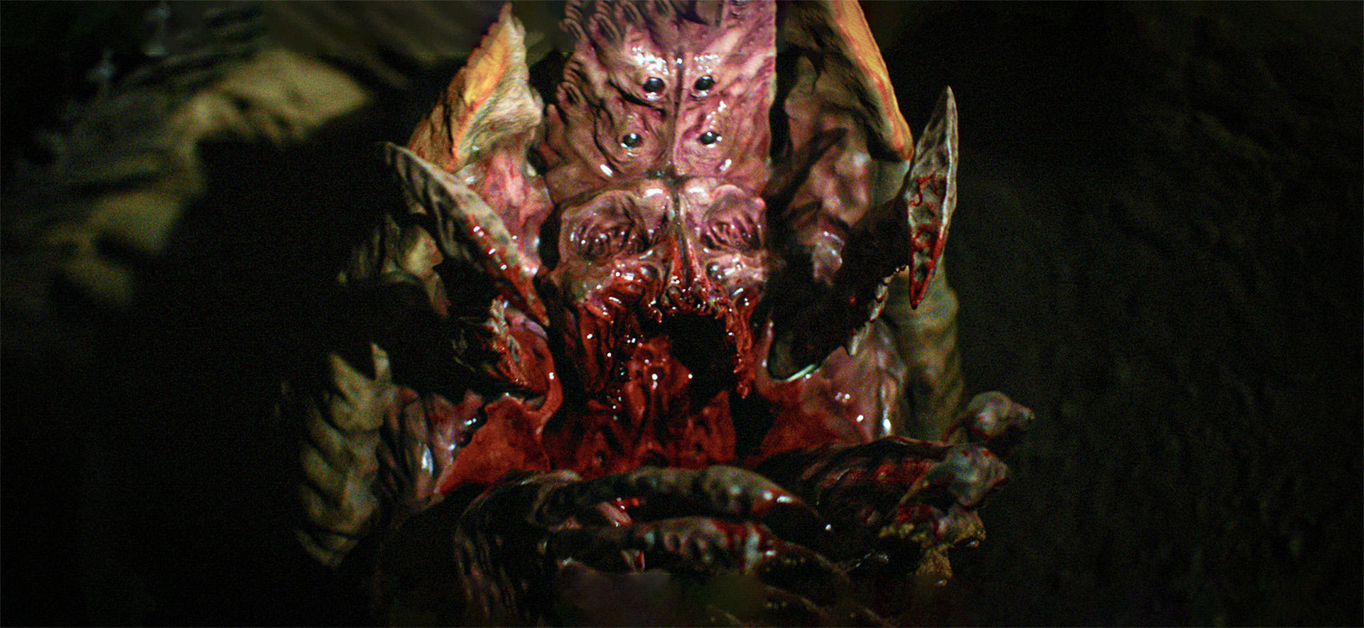Ein blutiges, monsterartiges Wesen mit vielen Augen und Klauen auf dunklem Grund.