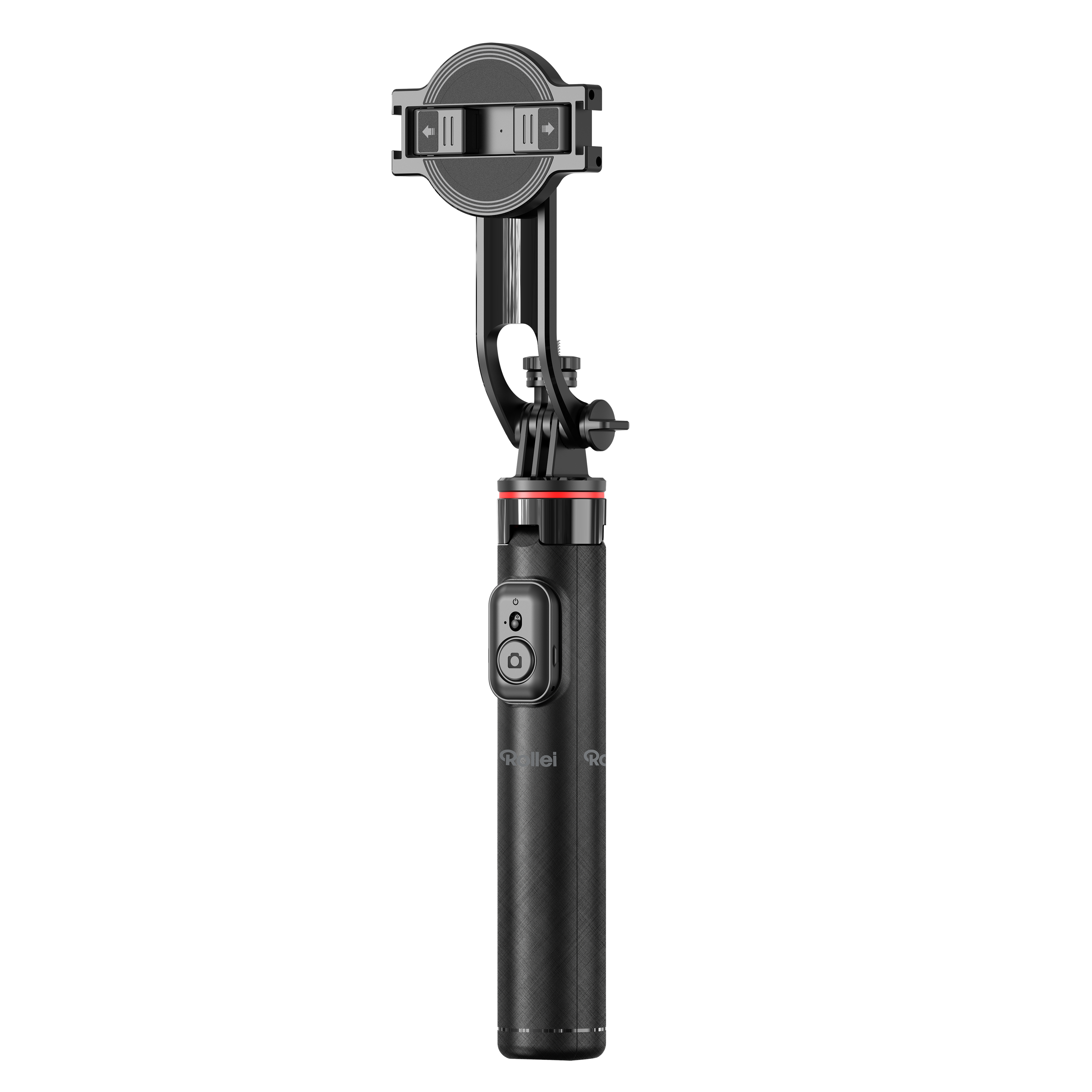 Ein schwarzer Rollei Selfie-Stick mit Telefonhalter. Er hat Knöpfe und einen strukturierten Griff vor schwarzem Hintergrund.