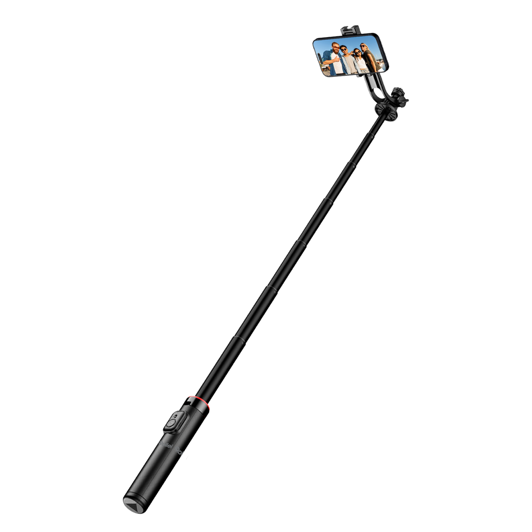 Ein schwarzer Selfie-Stick, der ein Smartphone mit einem Gruppenfoto hält. Der Hintergrund ist weiß und graue Linien.