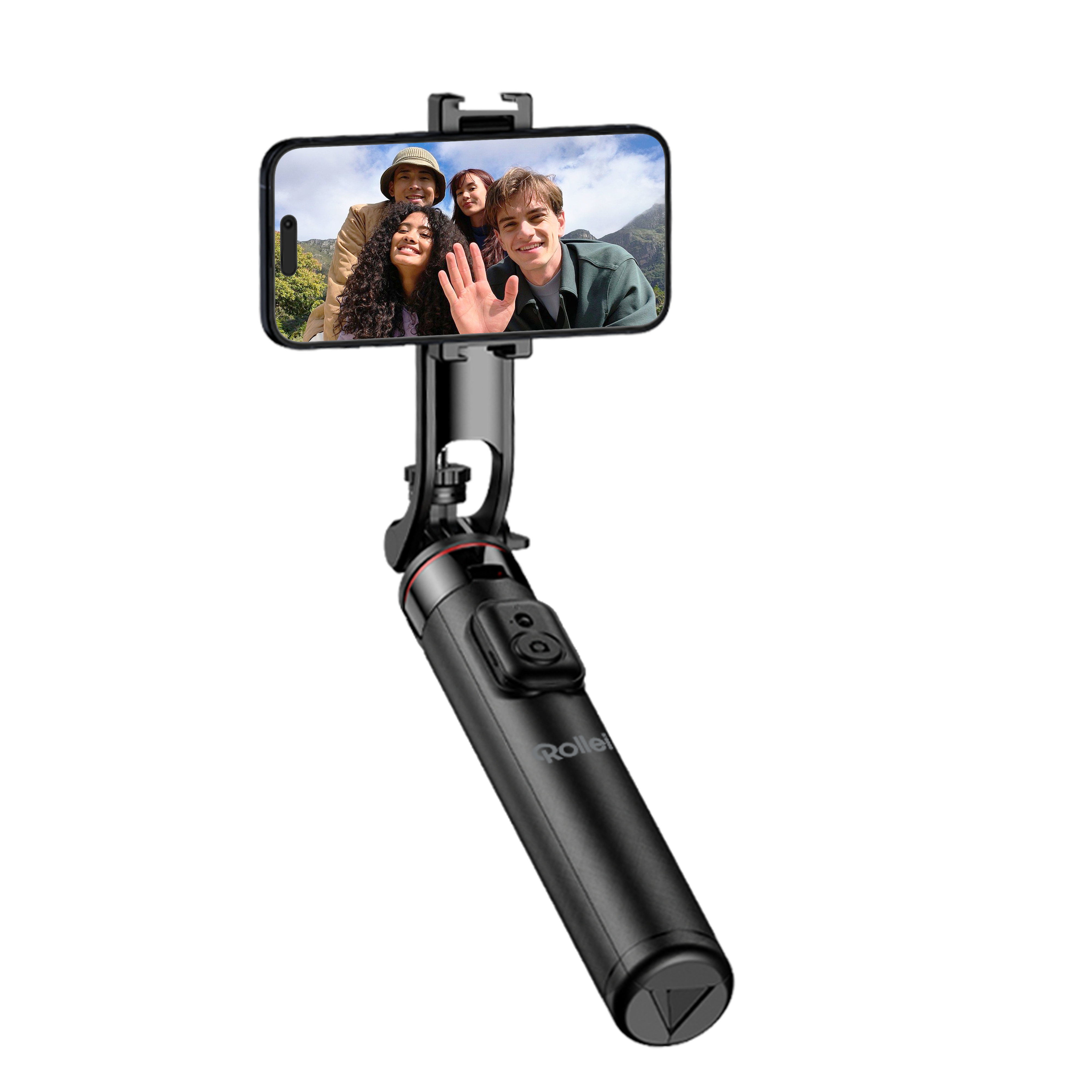 Ein Selfie-Stick mit einem Telefon, das vier winkende Personen zeigt. Schwarzer Stick und Griff, mit Rollei-Logo.