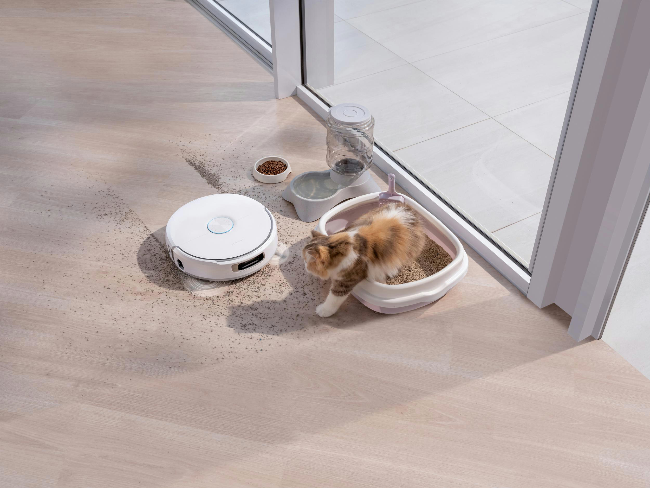 Ein weißer Roboterstaubsauger, Katzentoilette mit Katze, Futternapf und Wasserspender auf Holzboden.