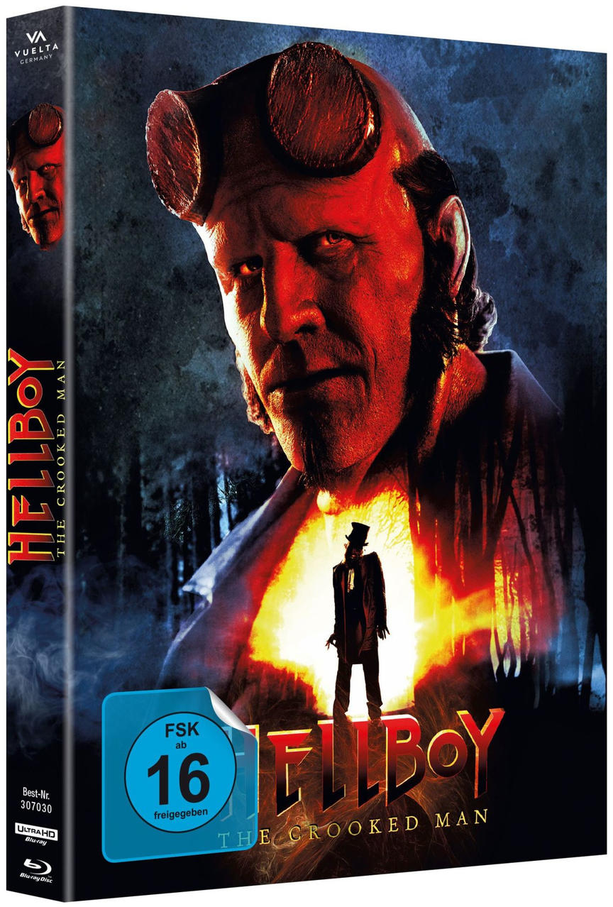 Filmcover für Hellboy: The Crooked Man. Es zeigt Hellboys Gesicht, eine Figur und eine Lichtexplosion.