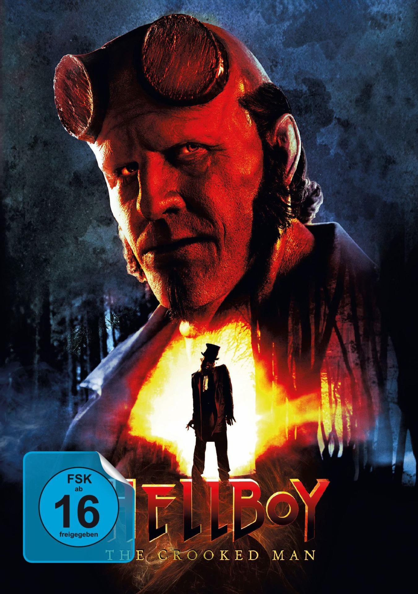 Filmposter: Hellboy, rotes Gesicht, Hörner. Eine Figur im Anzug in feurigem Hintergrund. Titel: The Crooked Man.