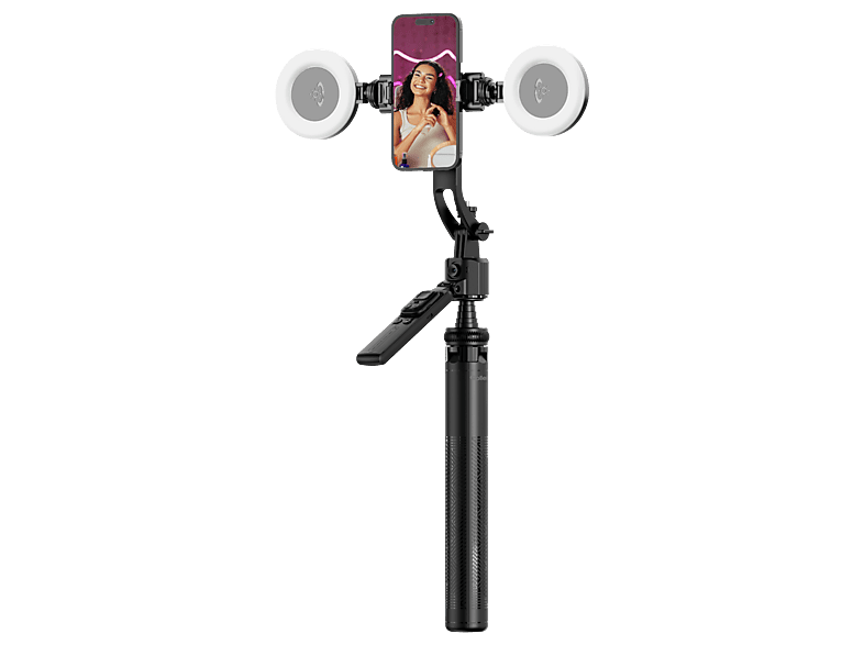 Rollei Easy Creator Quadpod met AI Tracking 360 automatische gezichtsherkenning, selfiestick met afstandsbediening voor het filmen voor Tiktok Live Streaming Vlog, mobiele telefoon, statief