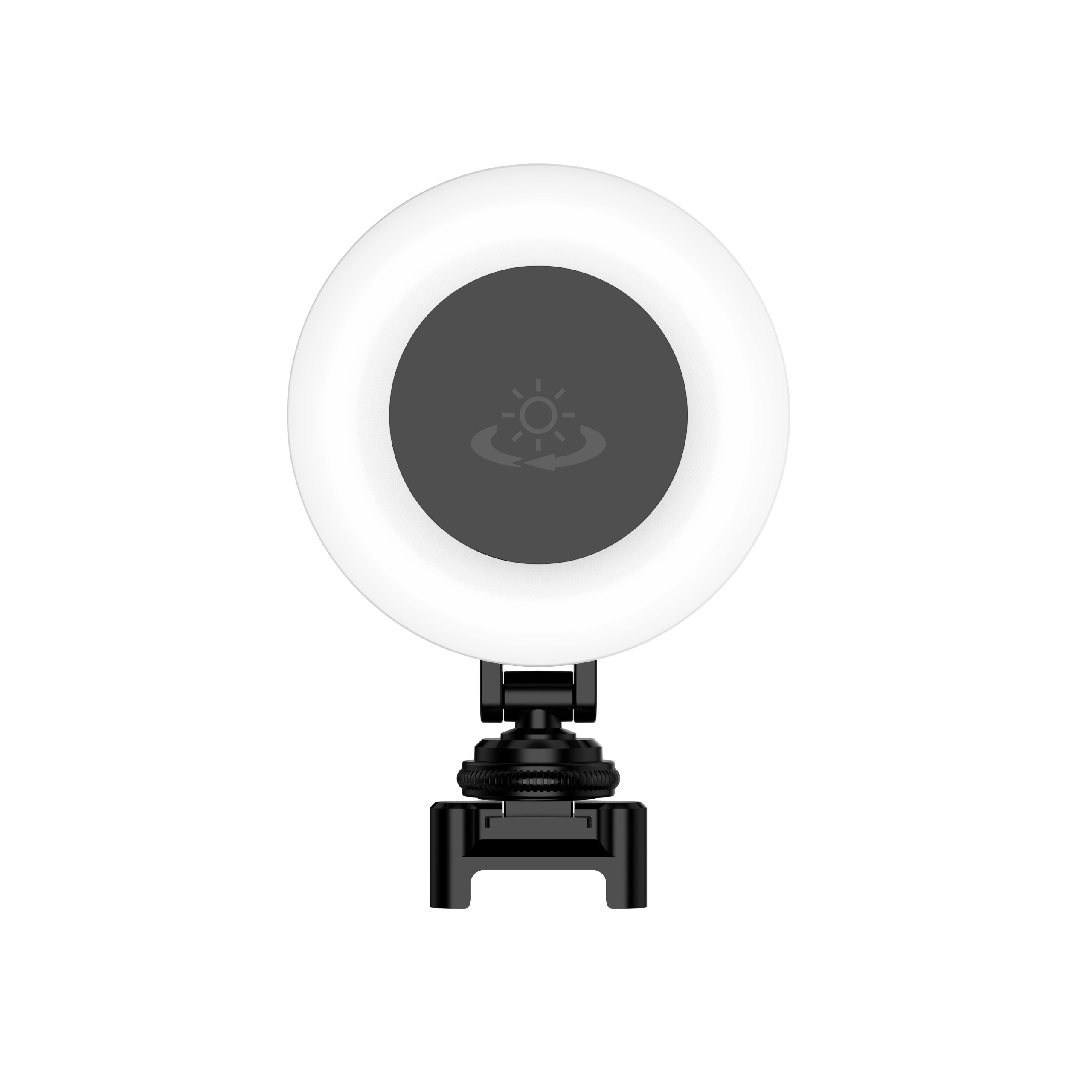 Ein Ringlicht mit schwarzem Zentrum, das ein Sonnensymbol enthält. Es ist auf einem schwarzen Ständer montiert, vor weißem Hintergrund.