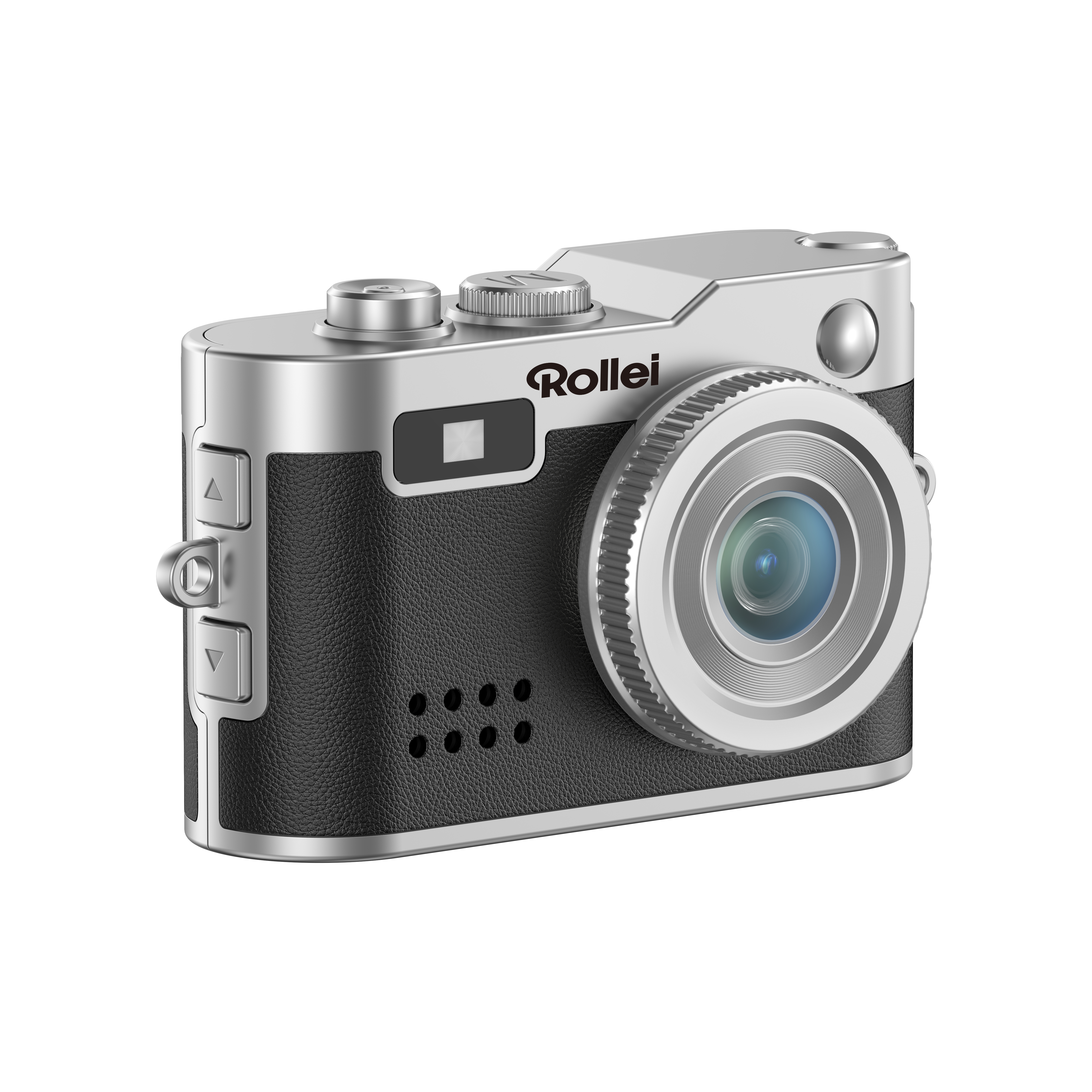 Eine silber-schwarze Rollei-Kamera mit Objektiv, Knöpfen und strukturiertem Ledergriff. Der Hintergrund ist weiß.