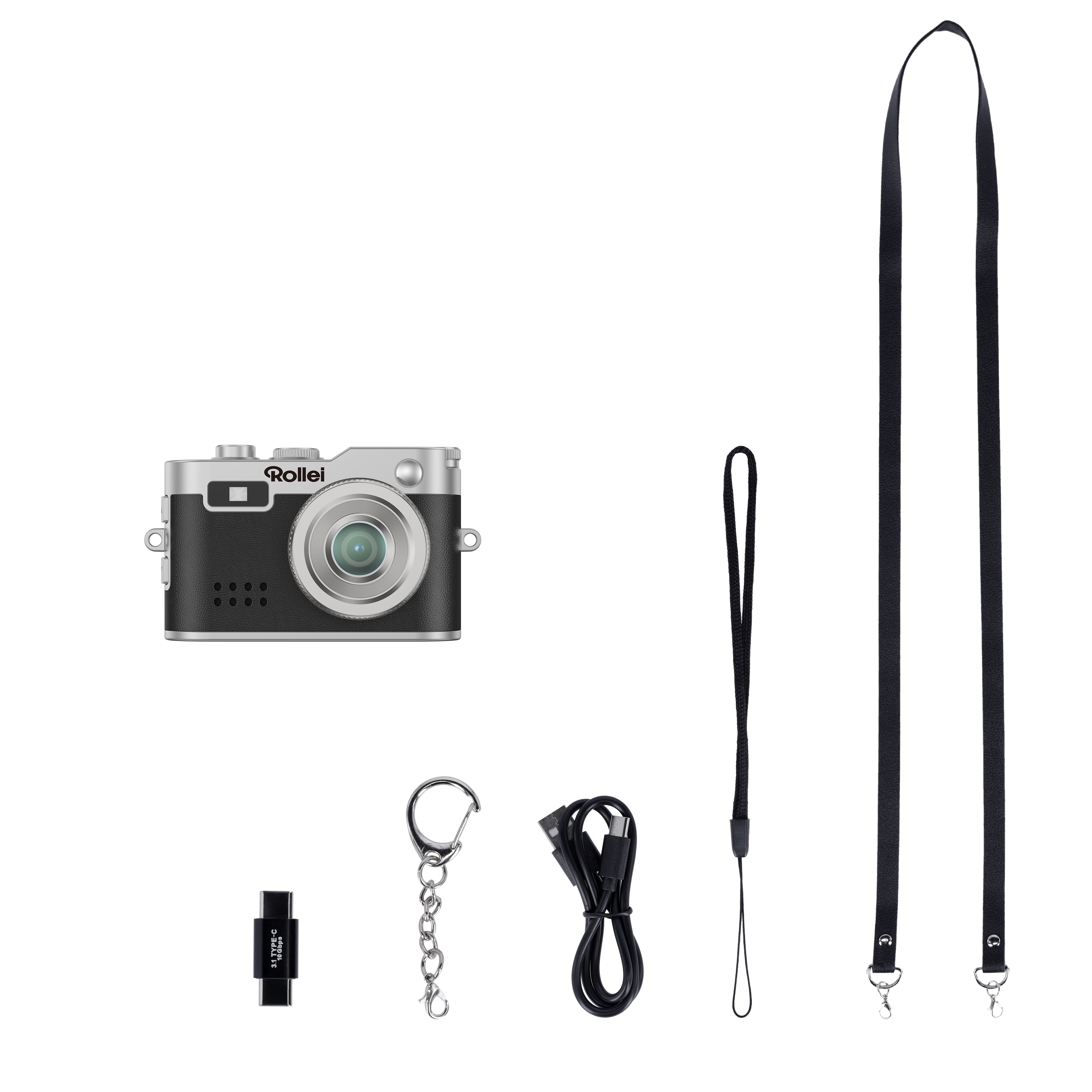 Kamera-Kit mit Kamera, Trägern, USB, Schlüsselanhänger und Adapter. Die Kamera ist schwarz und silber.