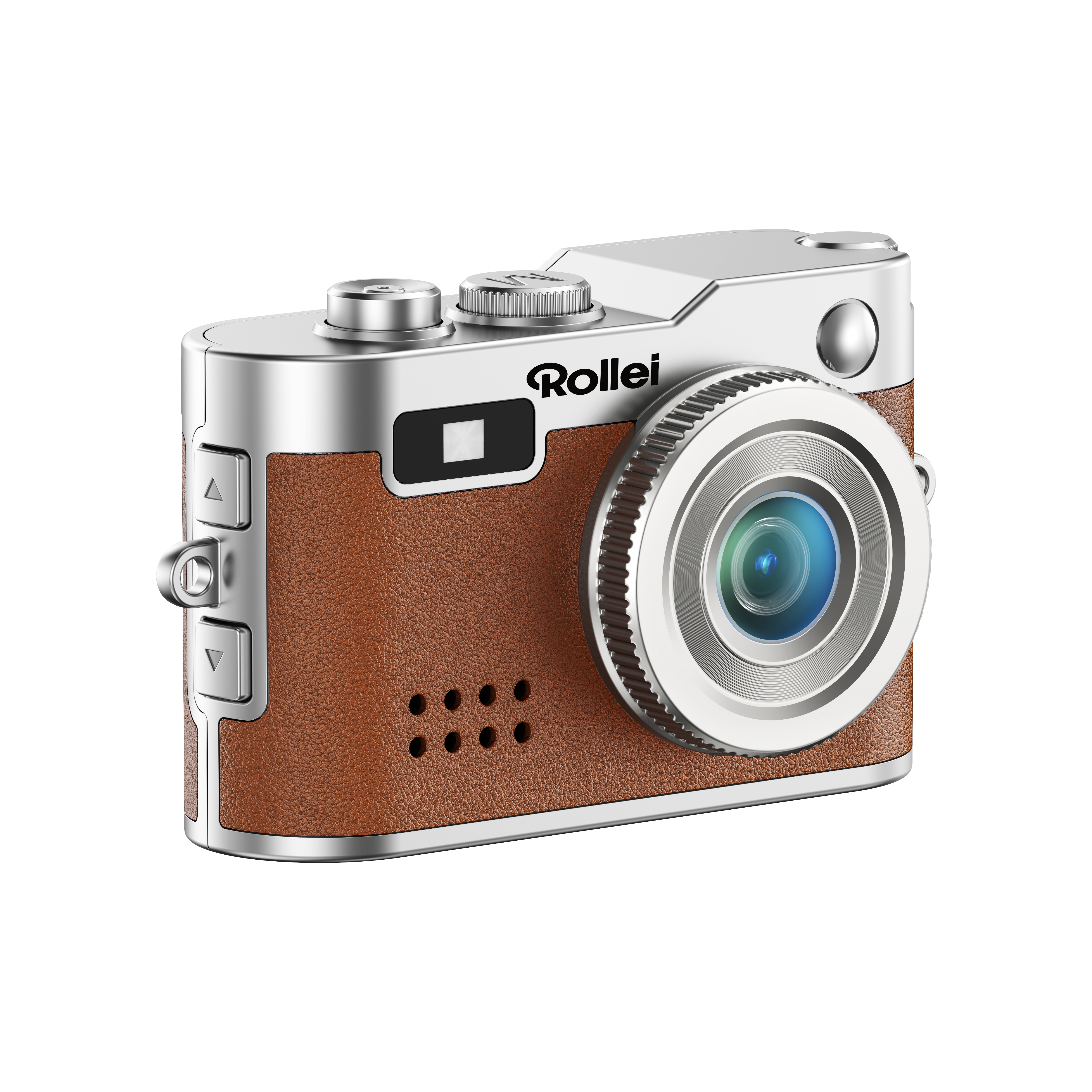 Eine silberne und braune Rollei-Kamera. Sie hat ein Objektiv, Knöpfe und einen braunen lederartigen Griff. Der Hintergrund ist weiß.