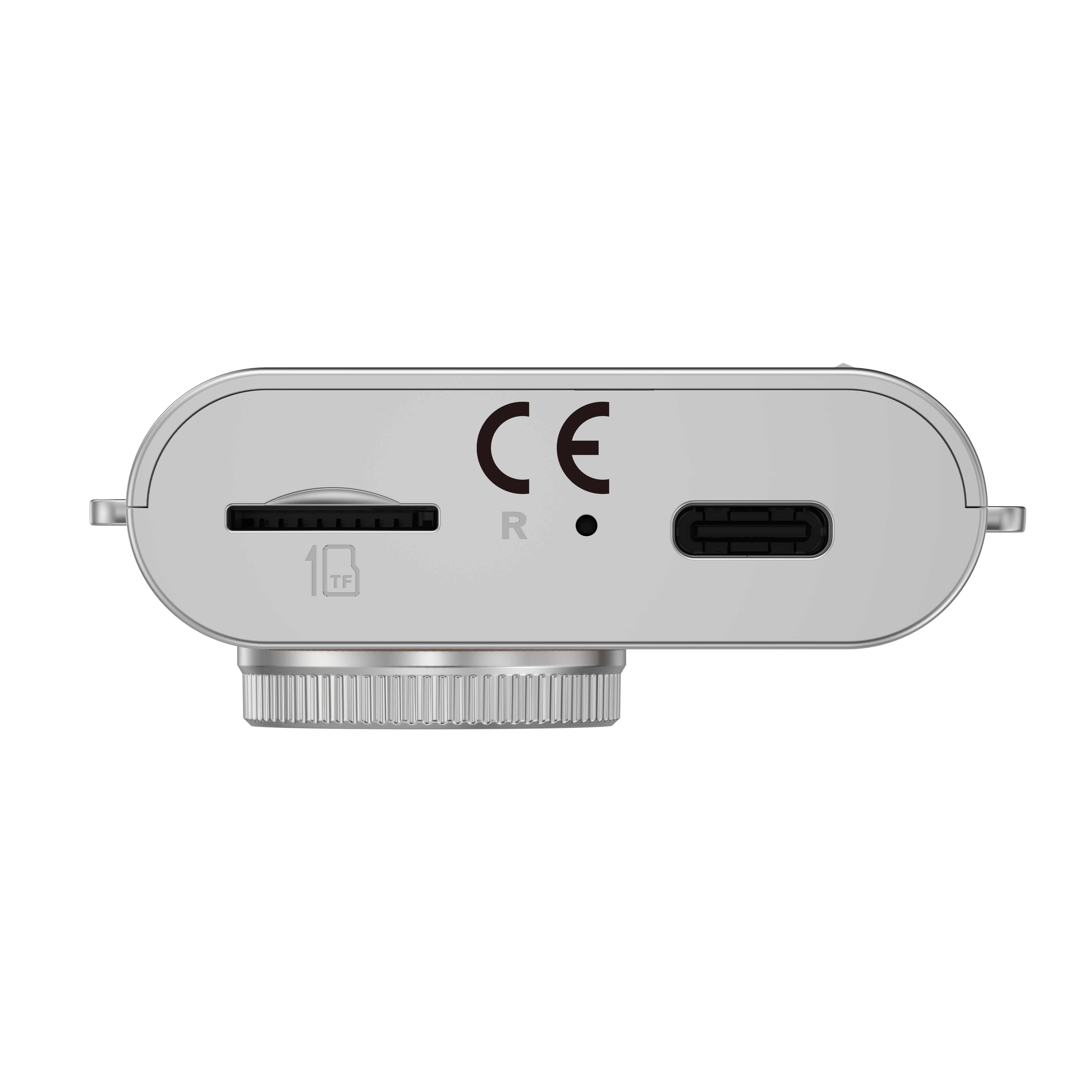 Ein silbernes Gerät mit Speicherkartensteckplatz, USB-Anschluss und CE-Kennzeichnung. Es hat einen geriffelten Sockel.
