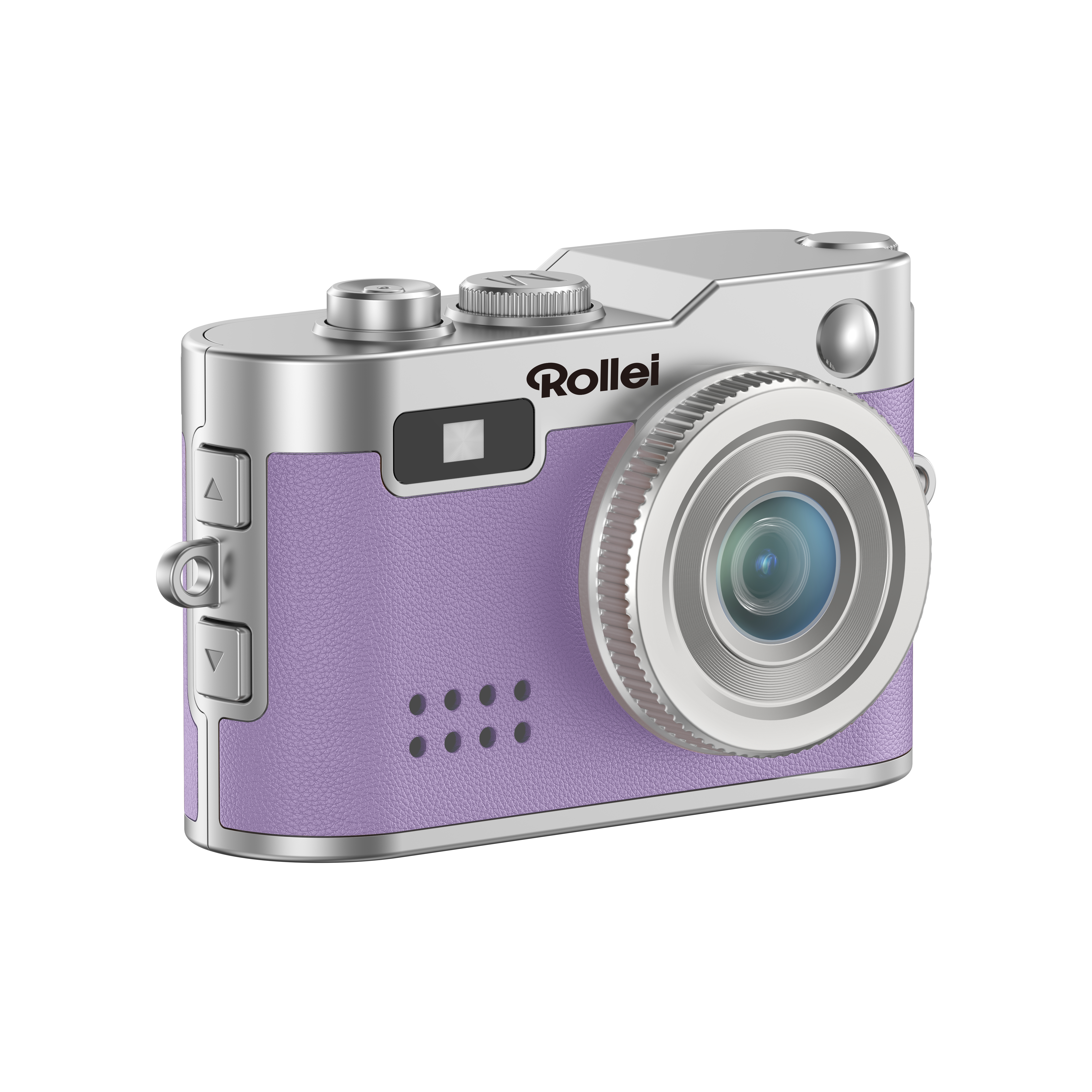 Eine silber-violette Rollei-Kamera. Die Kamera hat ein Objektiv, Knöpfe und eine lederartige Textur.