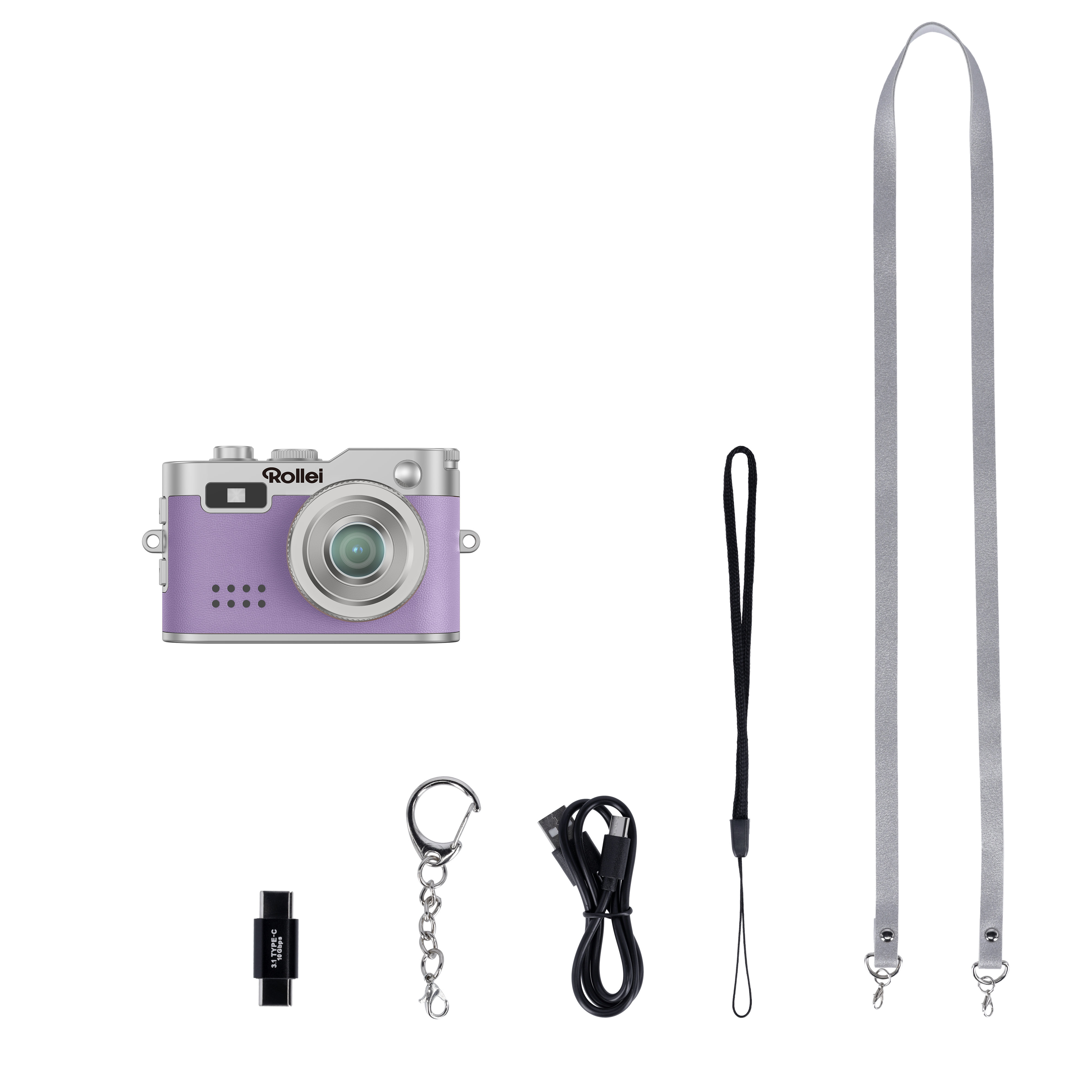 Eine lilafarbene Rollei-Kamera, ein Gurt, ein Schlüsselanhänger, ein USB-Kabel und eine schwarze Handschlaufe.