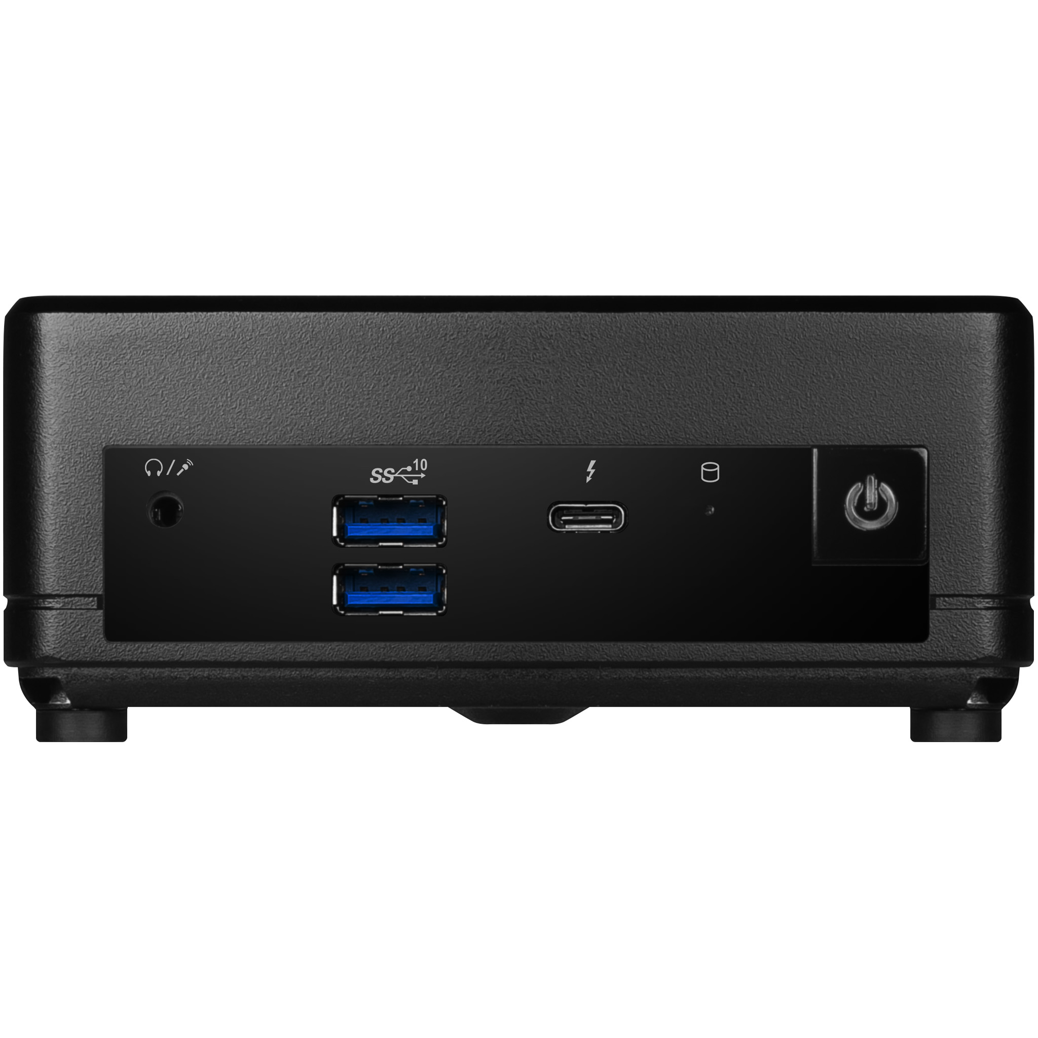 Zwarte mini-computer. Heeft poorten voor audio, USB en voeding. De aan/uit-knop zit rechts.