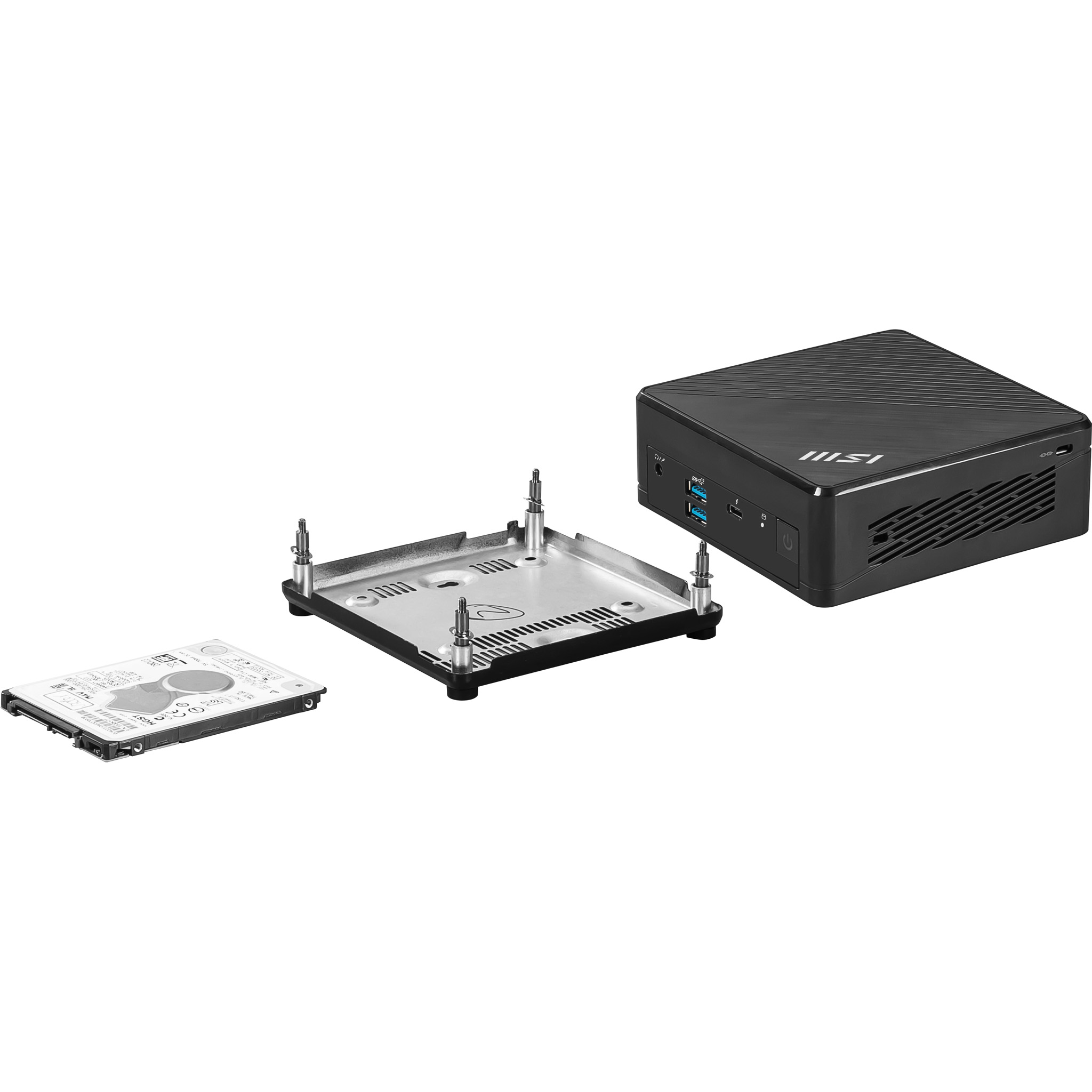 Een zwarte mini-pc met de interne componenten getoond, waaronder een harde schijf, montageplaat en de pc zelf.