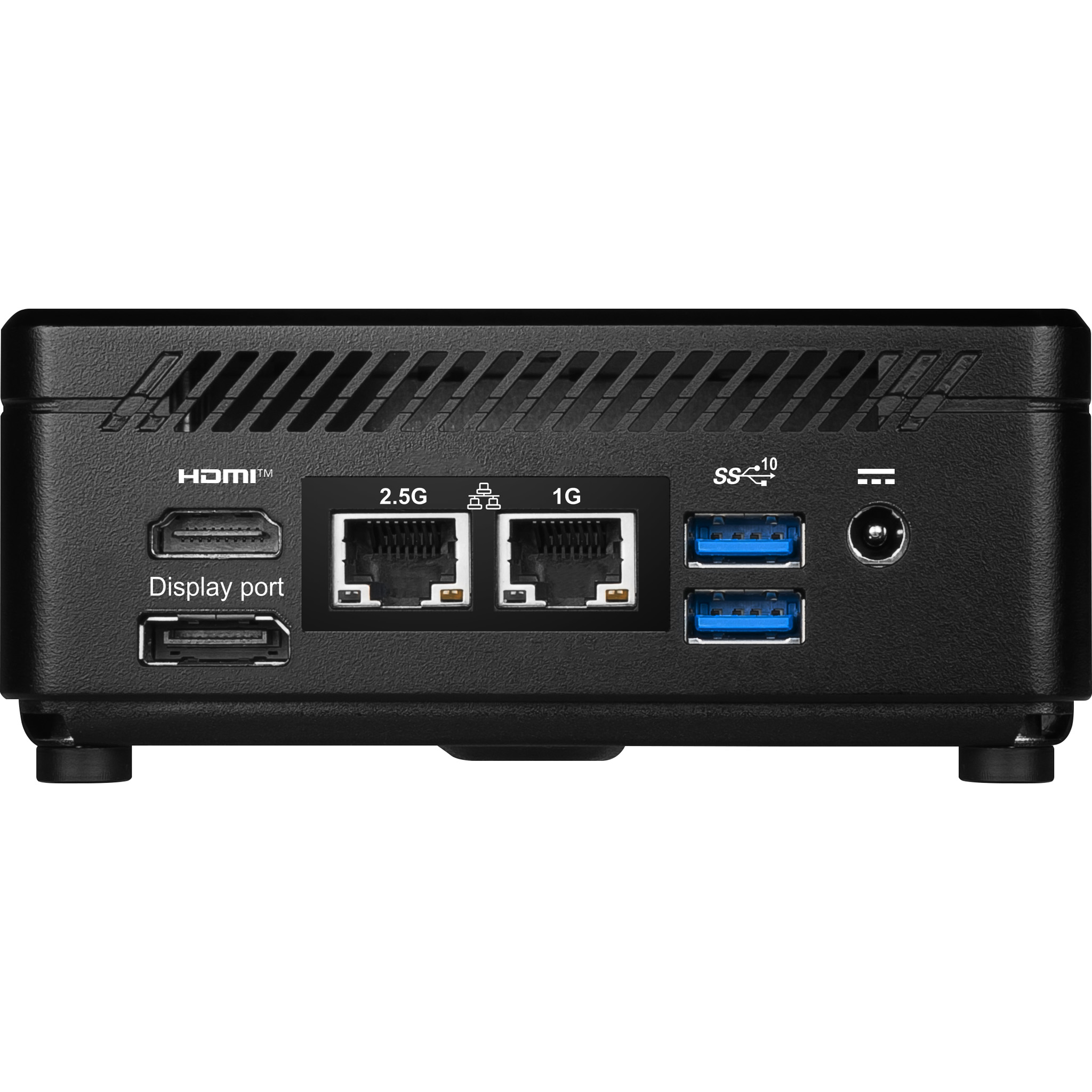 Zwarte mini-computer met poorten zoals HDMI, DisplayPort, USB en Ethernet. Aan/uit-knop en ventilatieopeningen.
