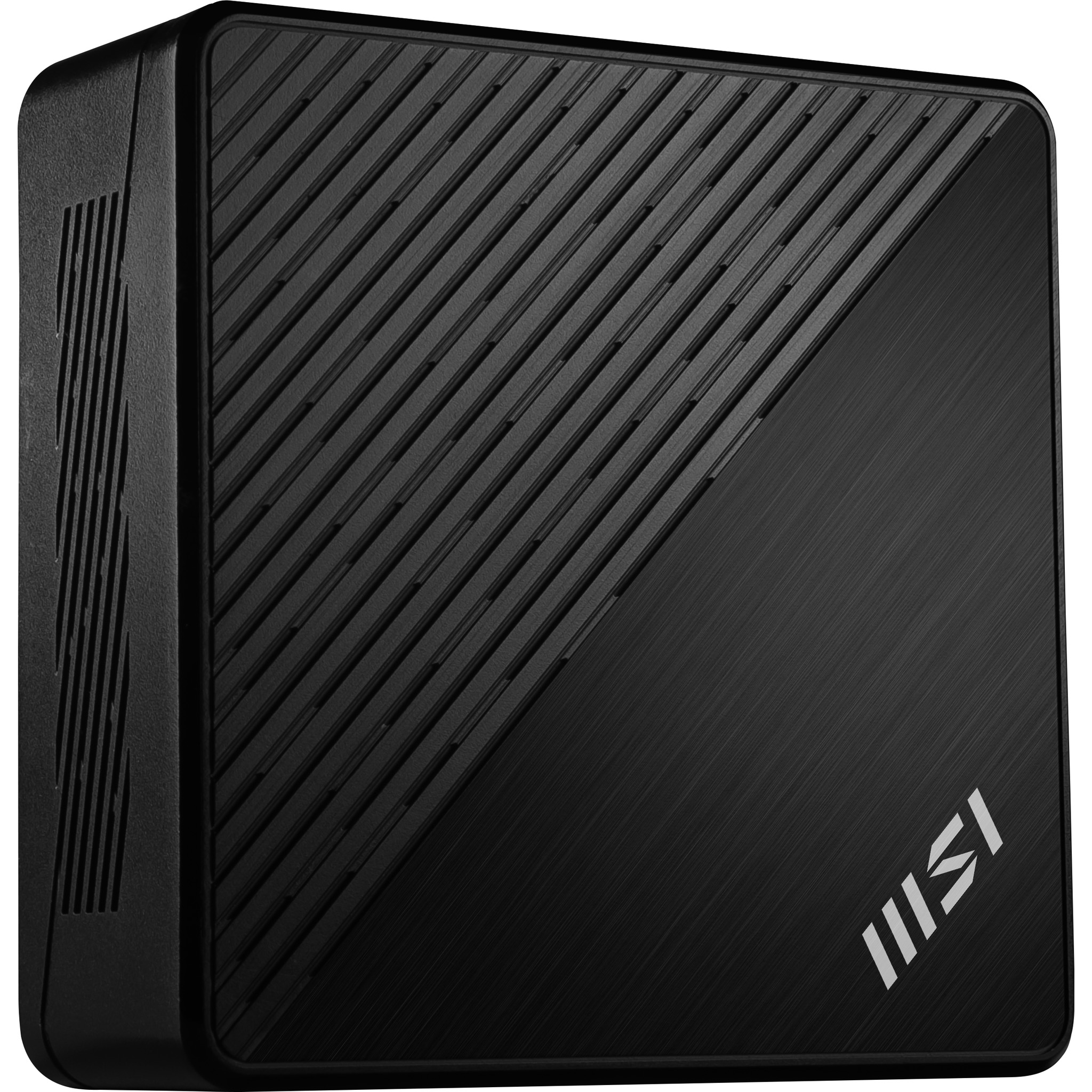 Zwarte computerkast met diagonale lijnen aan de voorkant en MSI-logo. Zijkant heeft verticale lijnen.