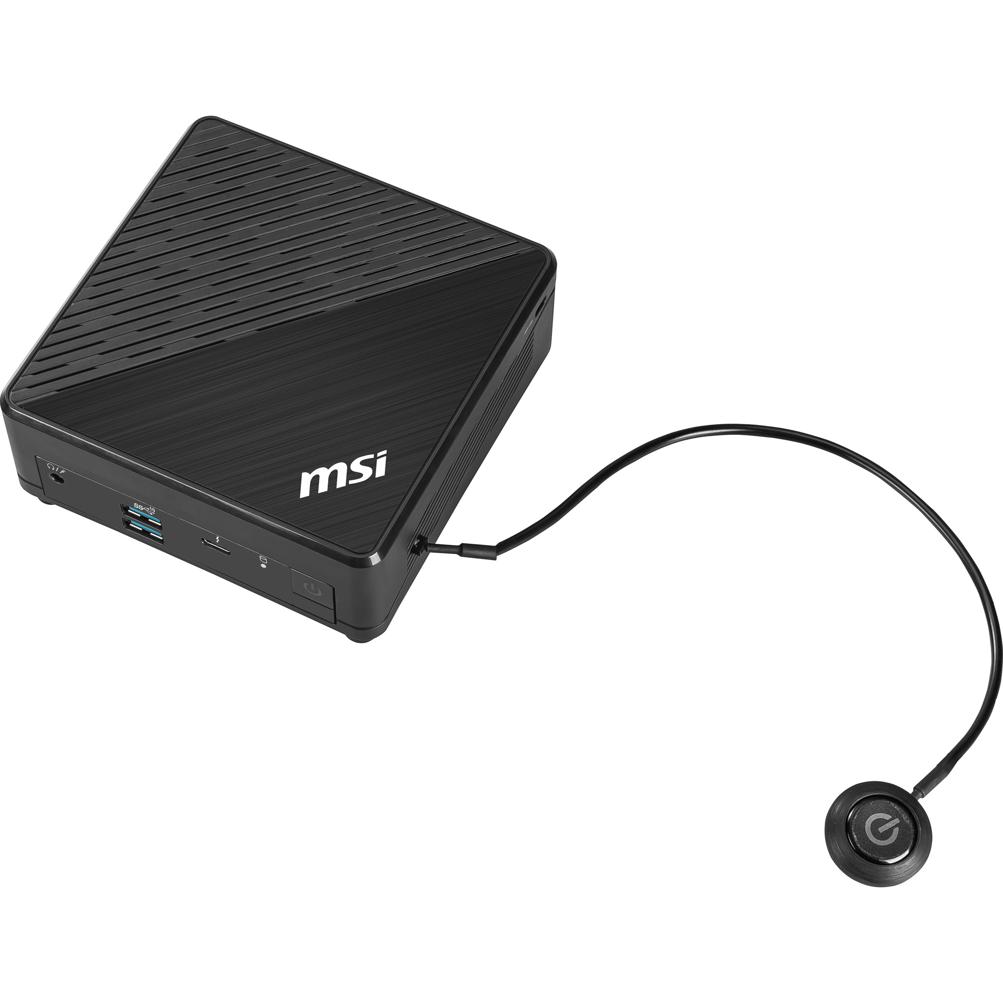 Een zwarte MSI mini-pc. Het heeft een aan/uit-knop en een voedingskabel die is aangesloten op een aparte aan/uit-knop.