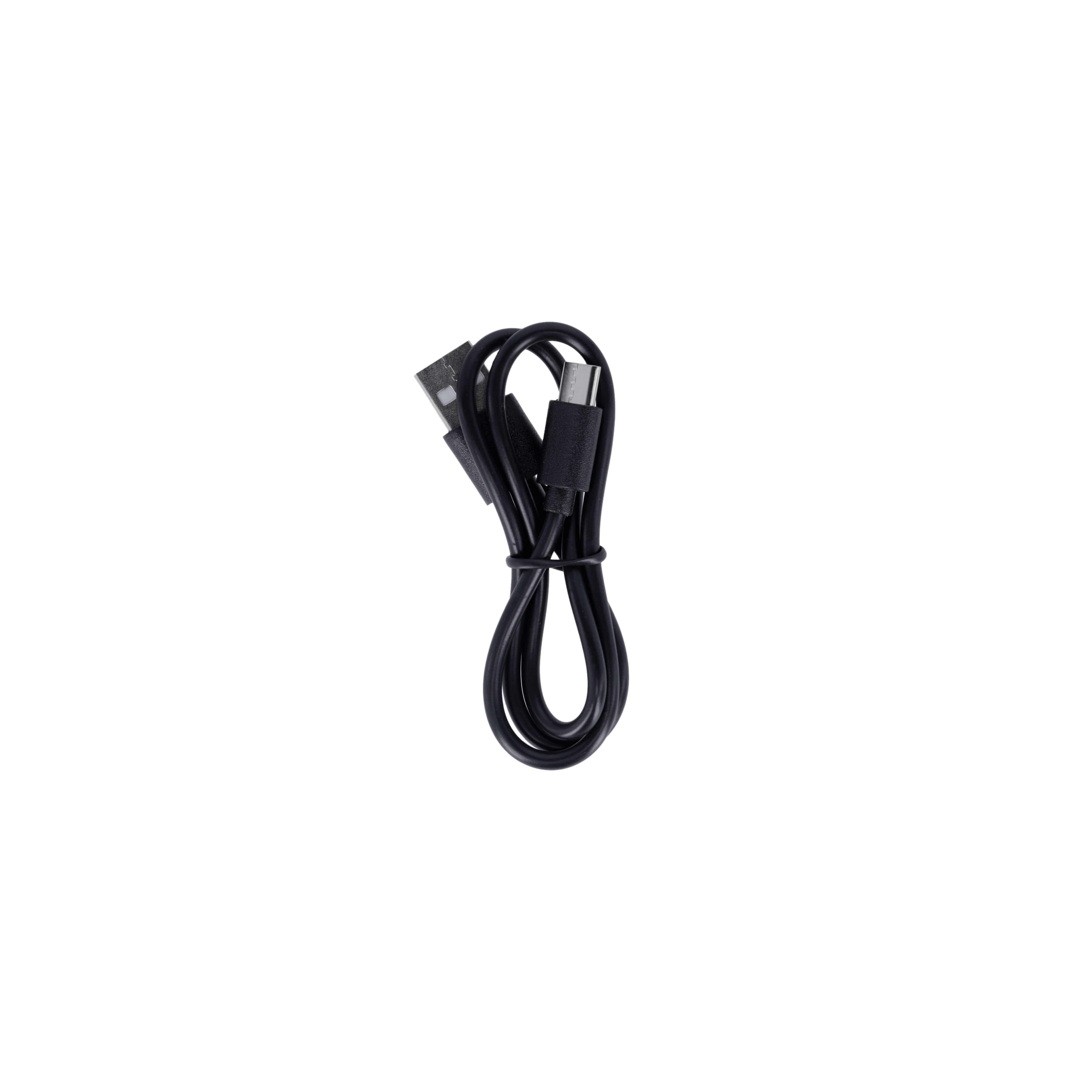 Ein schwarzes USB-Kabel mit USB-A- und USB-C-Anschluss, auf weißem Hintergrund aufgerollt.