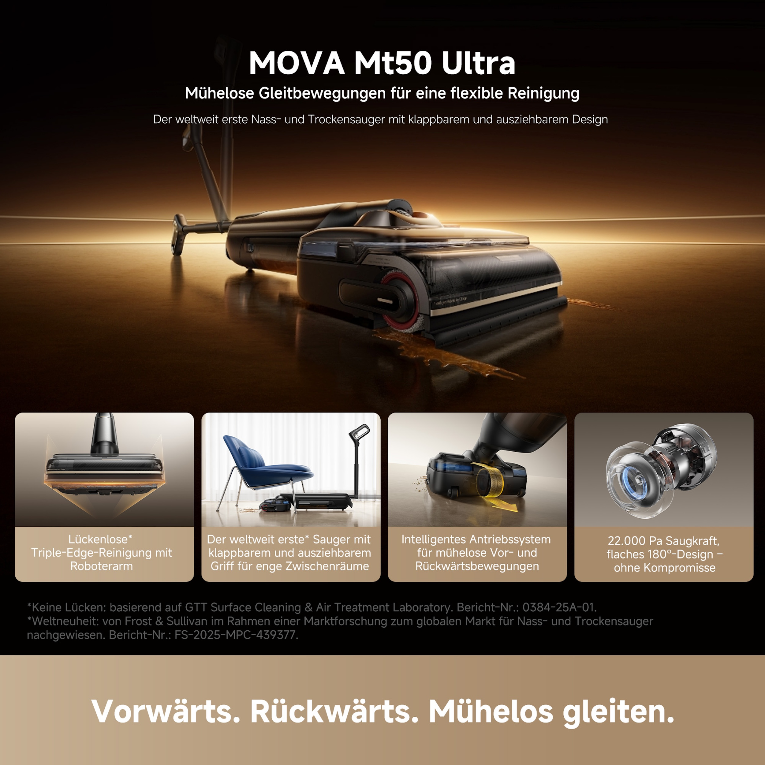 Werbung zeigt Staubsauger 'MOVA Mt50 Ultra' mit Roboterarm und 180°-Design.