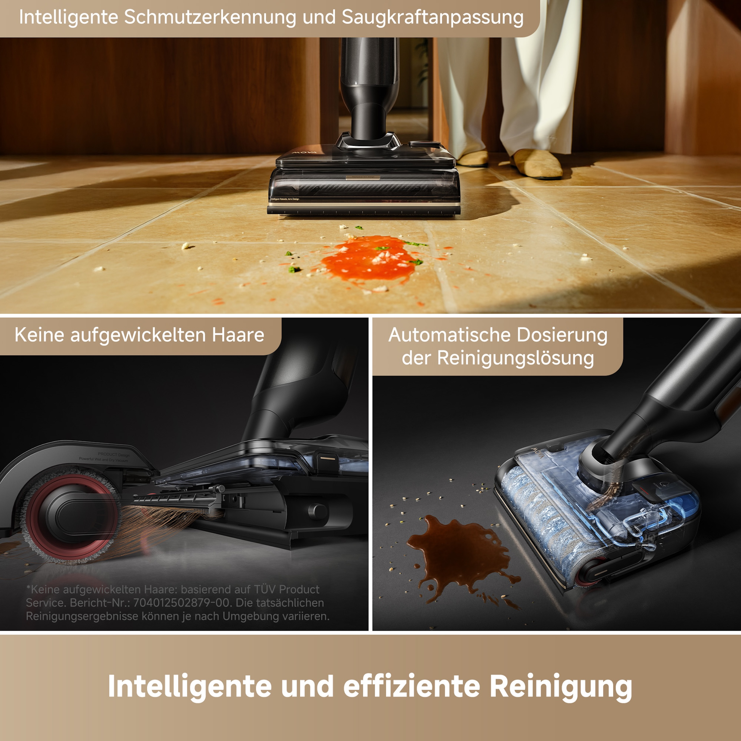 Staubsauger reinigt einen Boden mit verschütteten Flüssigkeiten. Teile des Staubsaugers und Text in mehreren Sprachen.