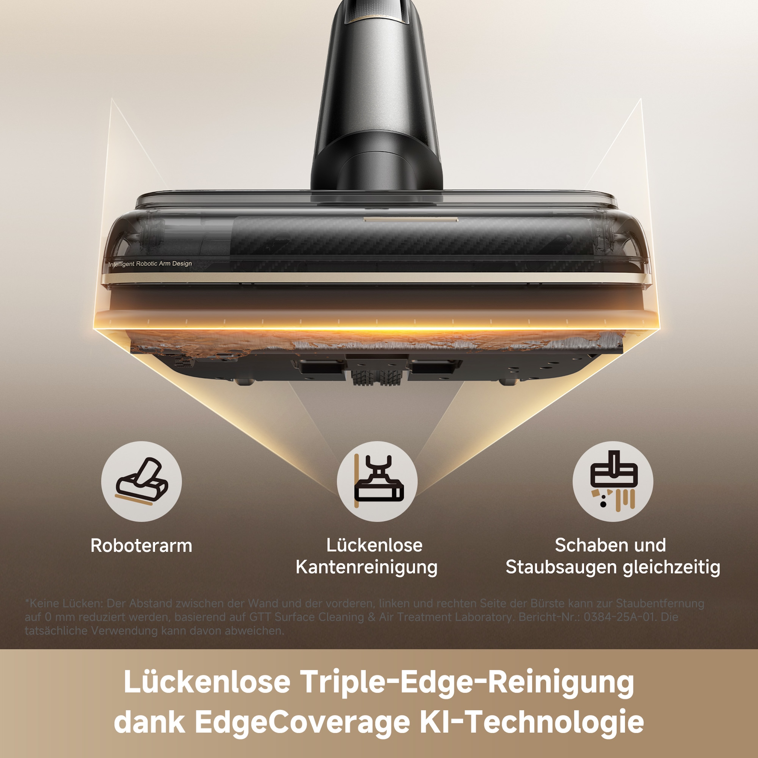 Der Staubsaugerkopf wird gezeigt, mit Text, der seine Funktionen und Reinigungstechnologie beschreibt.