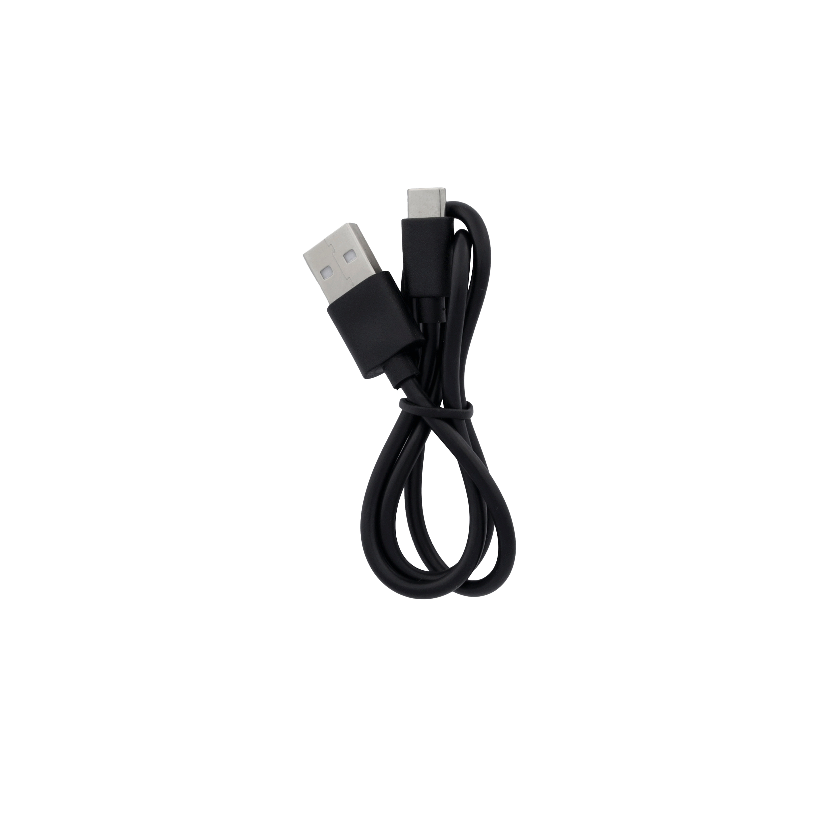 Ein schwarzes USB-C-Ladekabel, das sich vor weißem Hintergrund krümmt. USB- und USB-C-Anschlüsse sind sichtbar.