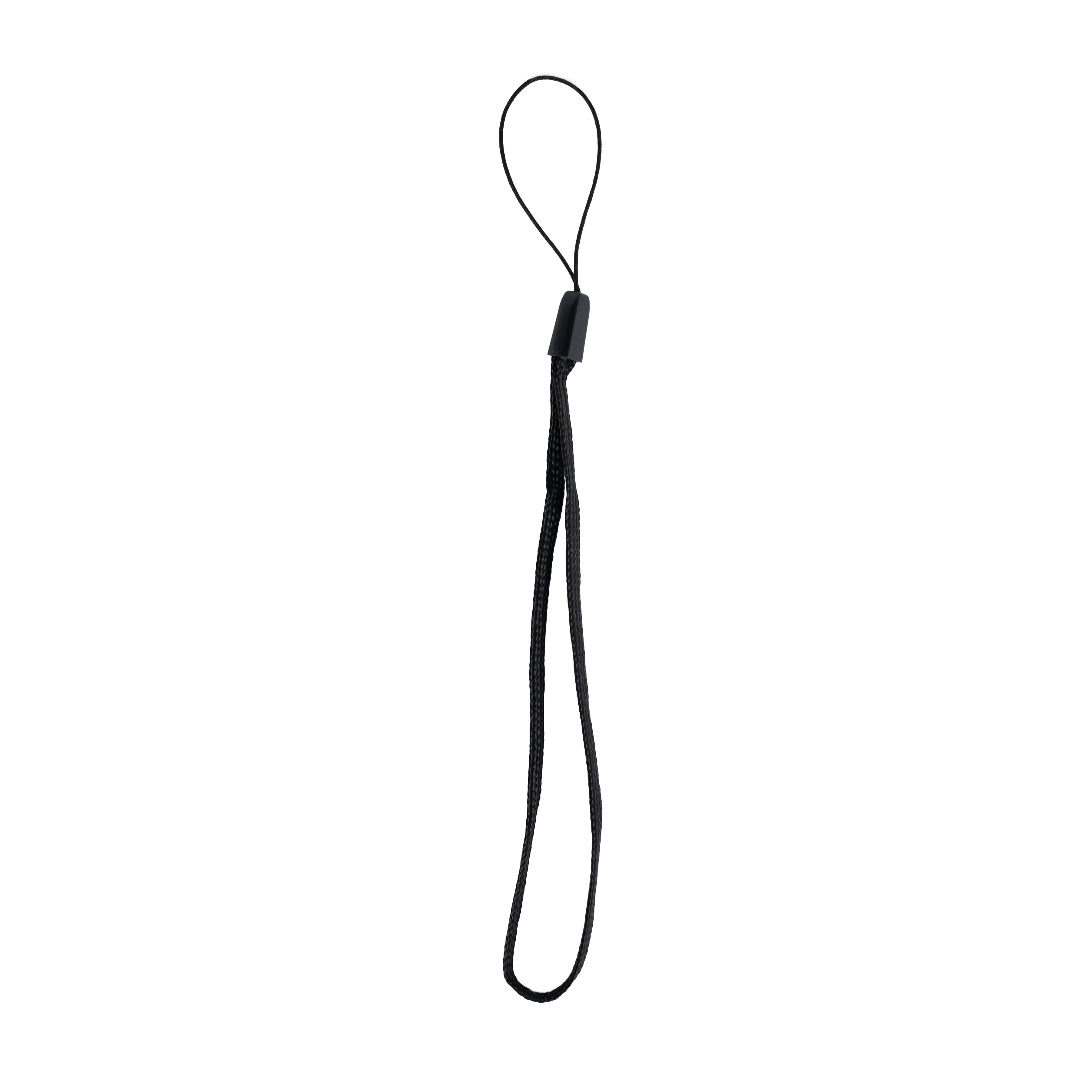 Ein schwarzes Telefon-Lanyard auf weißem Hintergrund. Es hat eine Schlaufe, ein Plastikteil und eine Schnur.