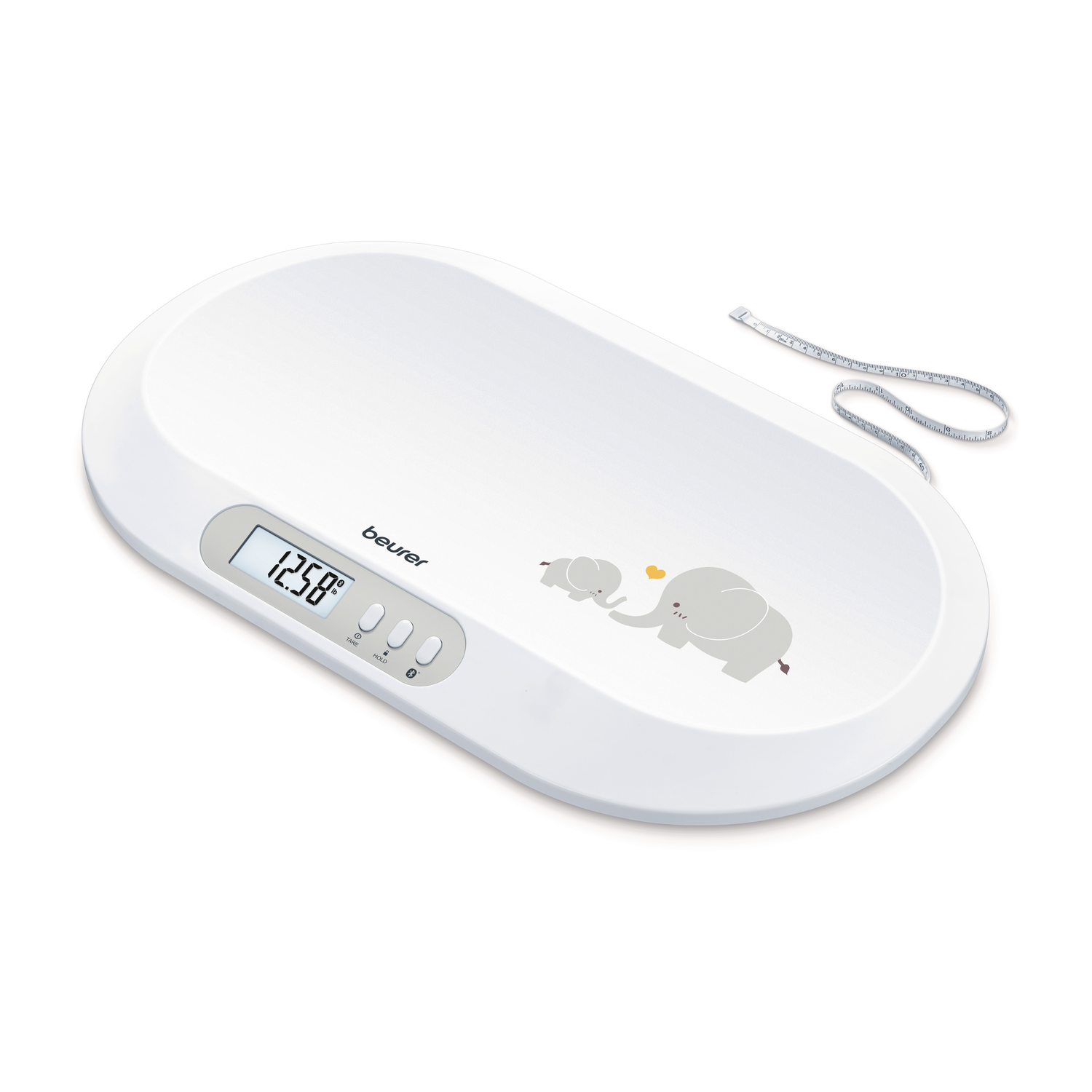 White baby scale with digital display showing weight. Features elephant design. Measuring tape is placed on the scale.