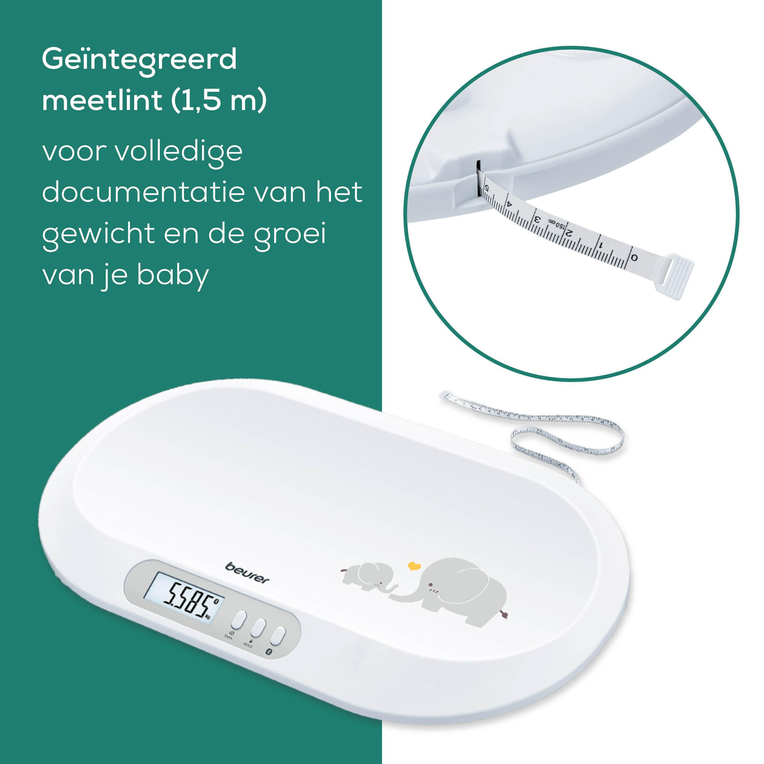 A white baby scale with a built-in measuring tape. It has an LCD screen showing weight. The scale has elephant design.