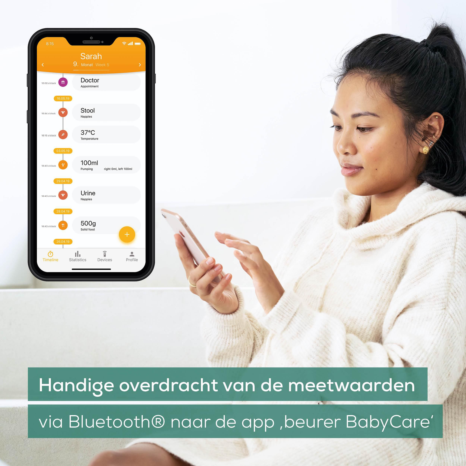A woman using a smartphone displaying baby health data. The screen shows logs for appointments, temperature, and feeding details.