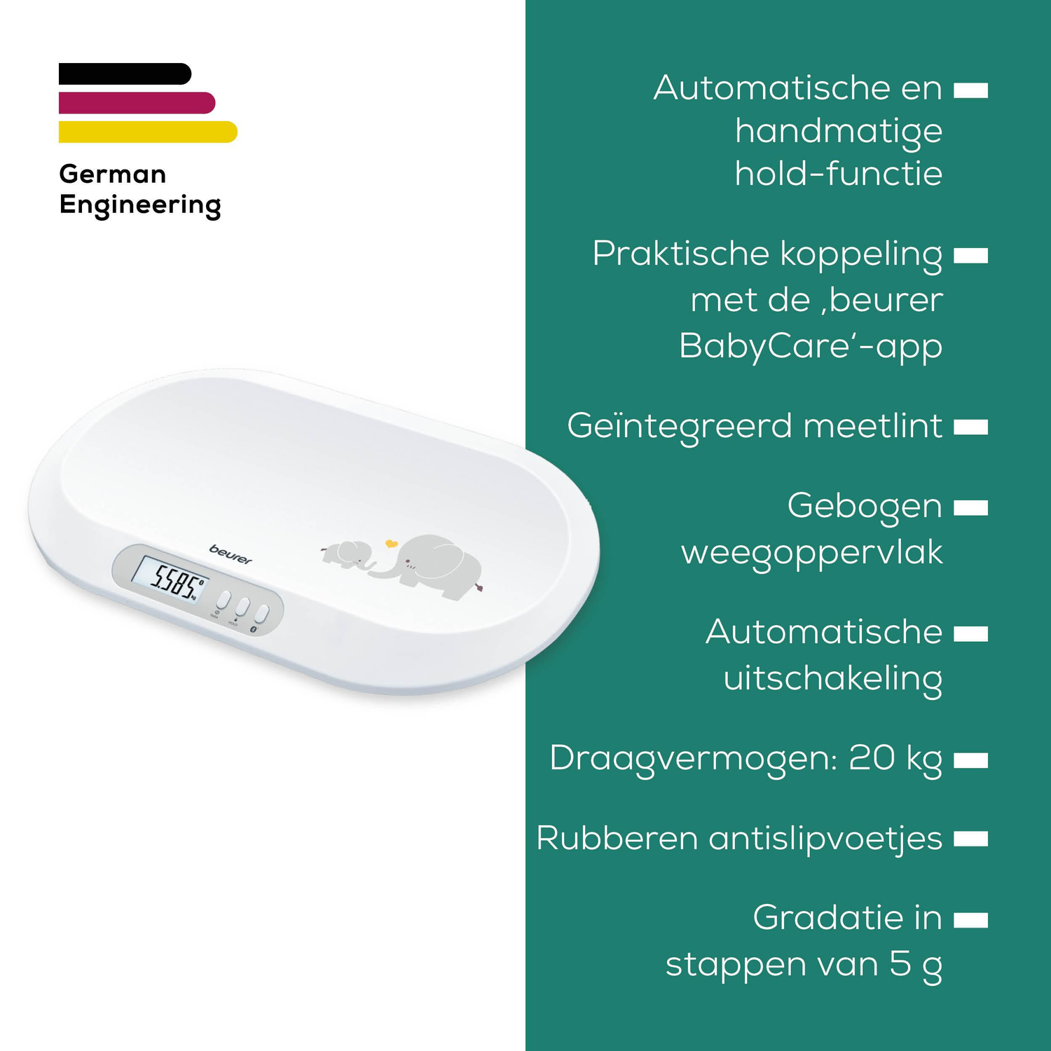 A white baby scale with an elephant design. It shows a digital display with weight. Text describes features and specifications.