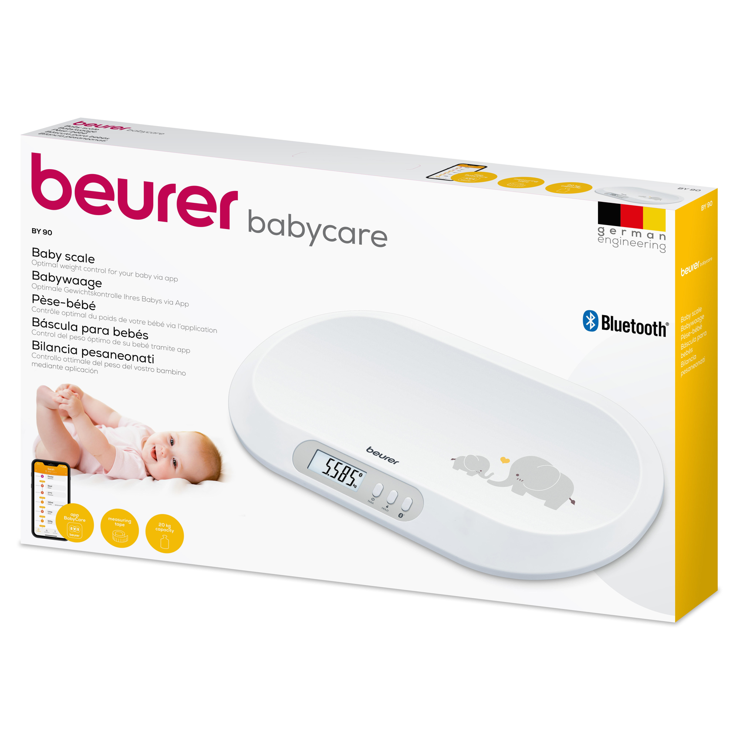 A baby scale box with a baby on the left. The scale is white with a digital display. The brand name is Beurer.