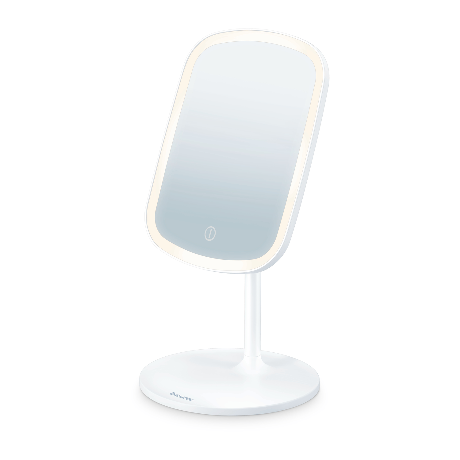 A white, illuminated makeup mirror with a round base, a thin stem, and a rectangular mirror with a light border, on a white background.