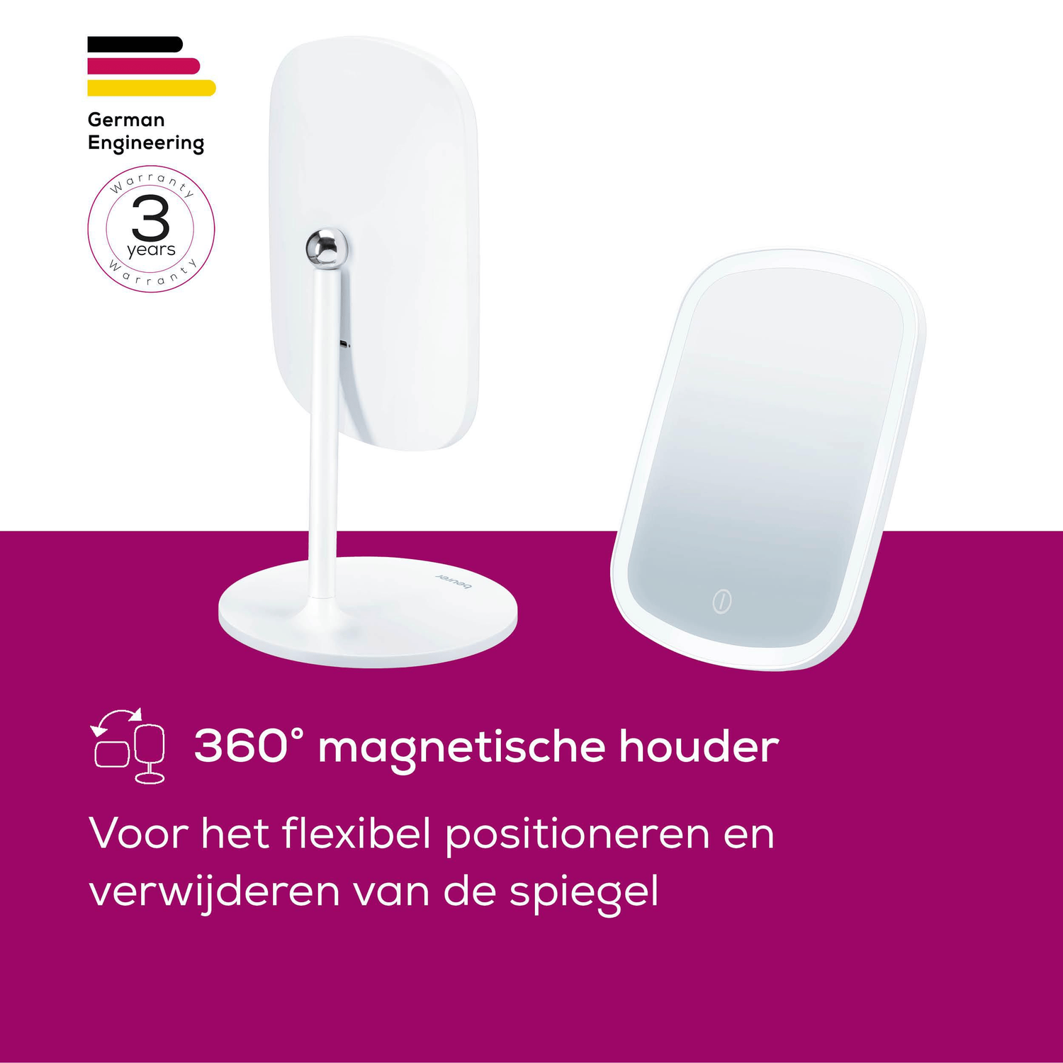 Two white mirrors on a pink background. One is upright, the other leans. Text: 360° magnetic holder for flexible positioning.