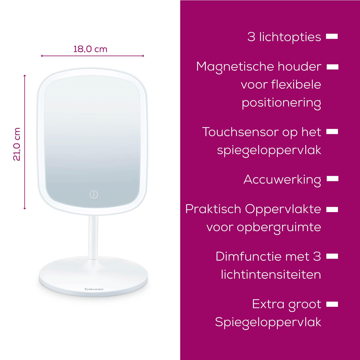 White mirror with dimensions shown. Text describes features: light options, magnetic holder, touch sensor, battery, storage, dimming function, and large surface.