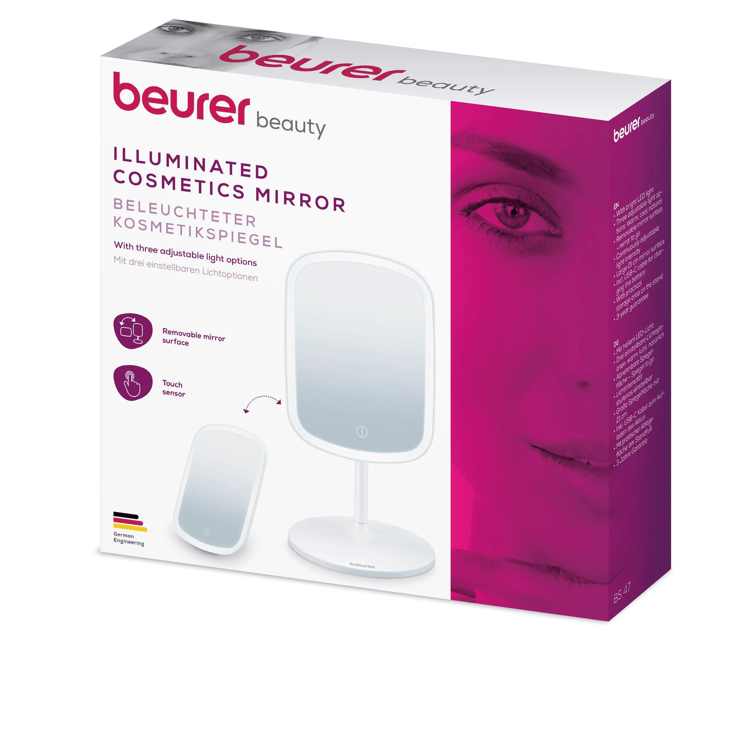Boxed Beurer illuminated cosmetics mirror, white, with a removable mirror and touch sensor.