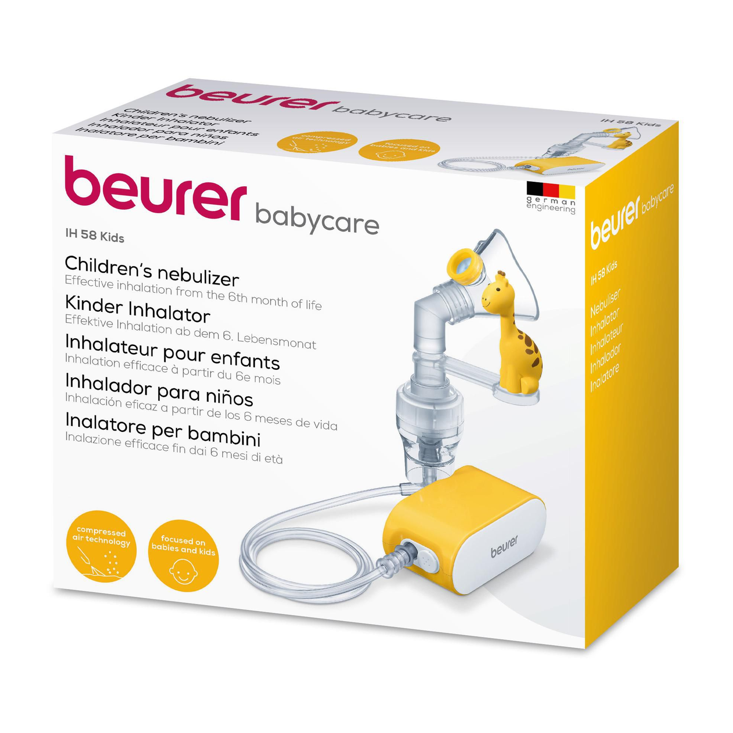 Box with a children's nebulizer. Yellow and white machine with a giraffe toy. Text in different languages.