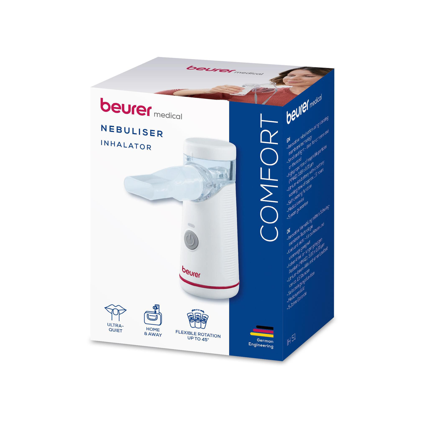 A white and blue nebulizer box with a device. Text reads 'NEBULISER INHALATOR' and 'beurer medical'.