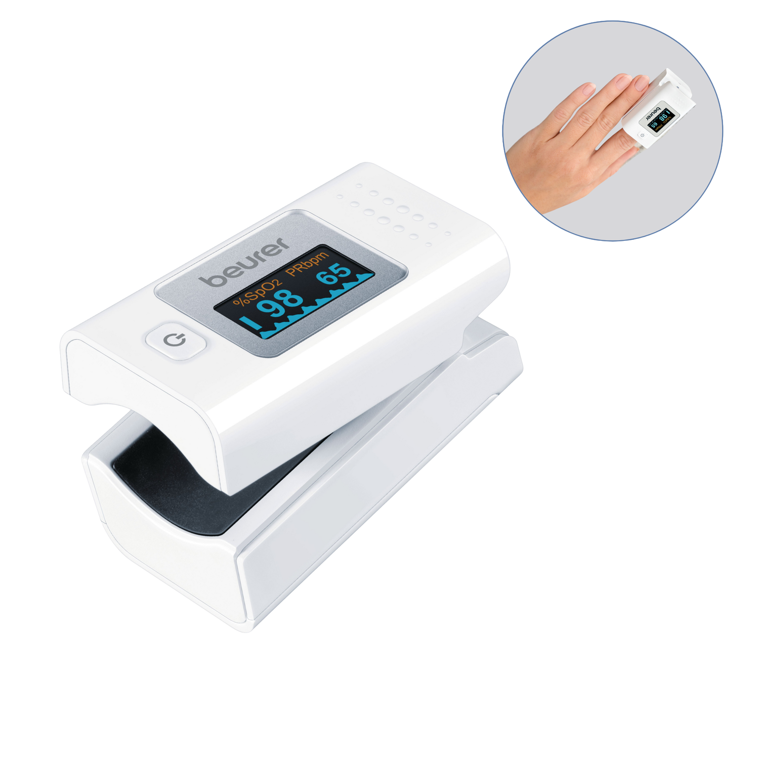 Een witte Beurer-pulsoximeter met display met 98% SpO2 en 65 PRbpm. Een hand met het apparaat op de vinger staat in een cirkel.