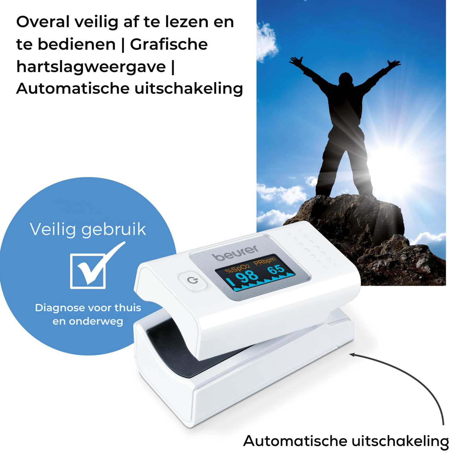 Afbeelding toont een pulsoximeter, persoon op een berg, blauwe lucht. Tekst: Veilig te lezen en te bedienen, automatische uitschakeling, diagnose thuis.